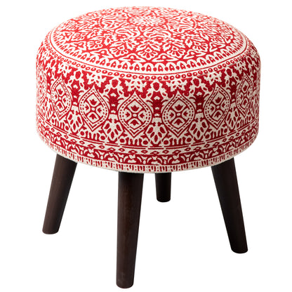 Botanic Fabric Wooden Ottoman in Red Color Set of 2