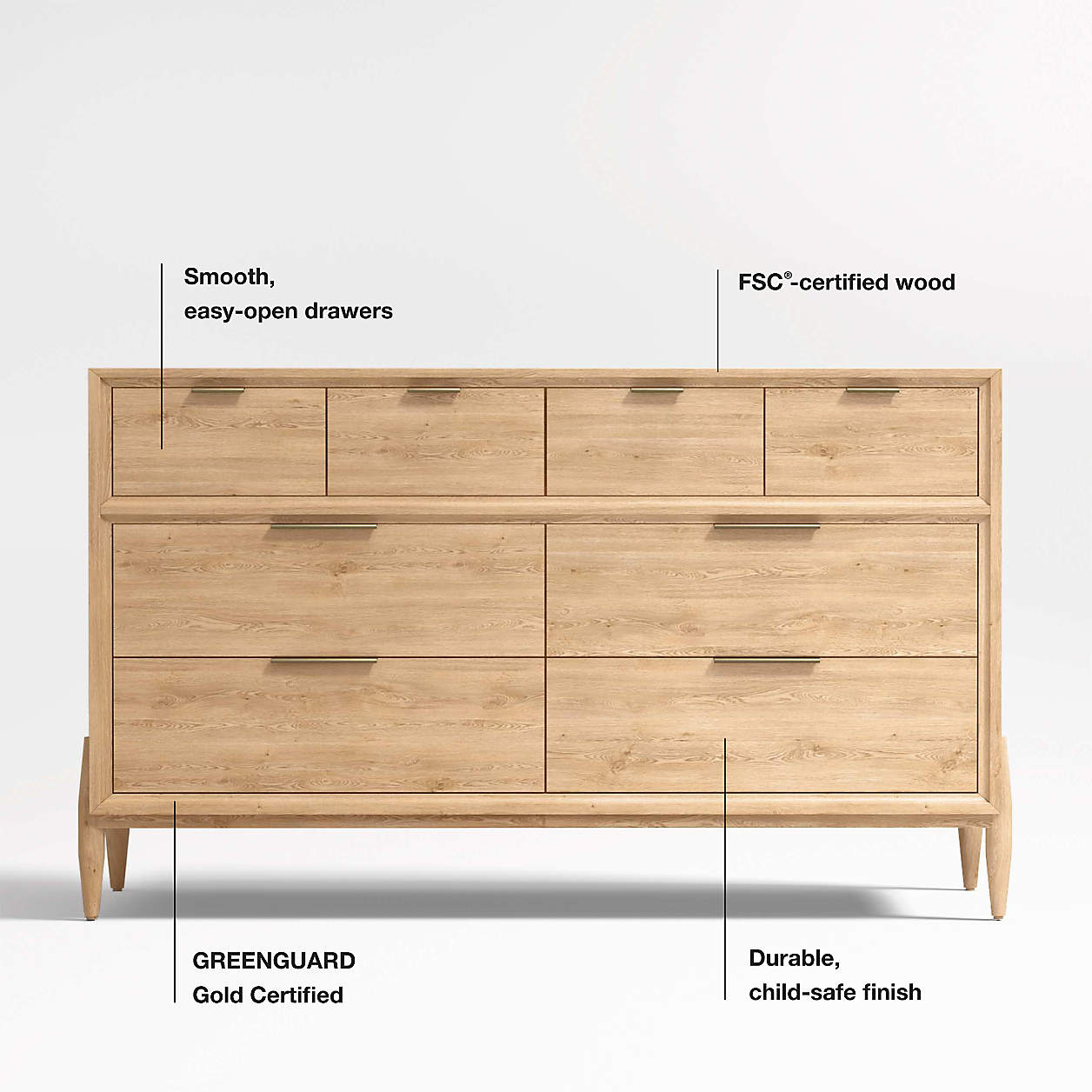 Bodie 54" Natural Oak Wood Wide 8-Drawer Kids Dresser