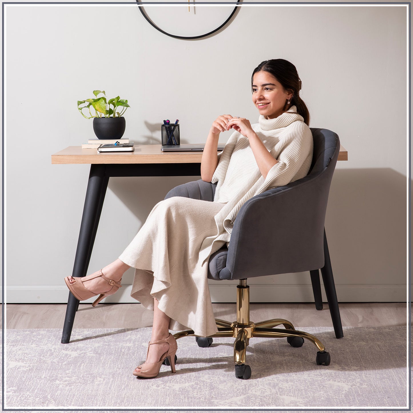 Luxurious Velvet Adjustable Office Chair With Sleek Armrest in Light Grey Color | Nestroots