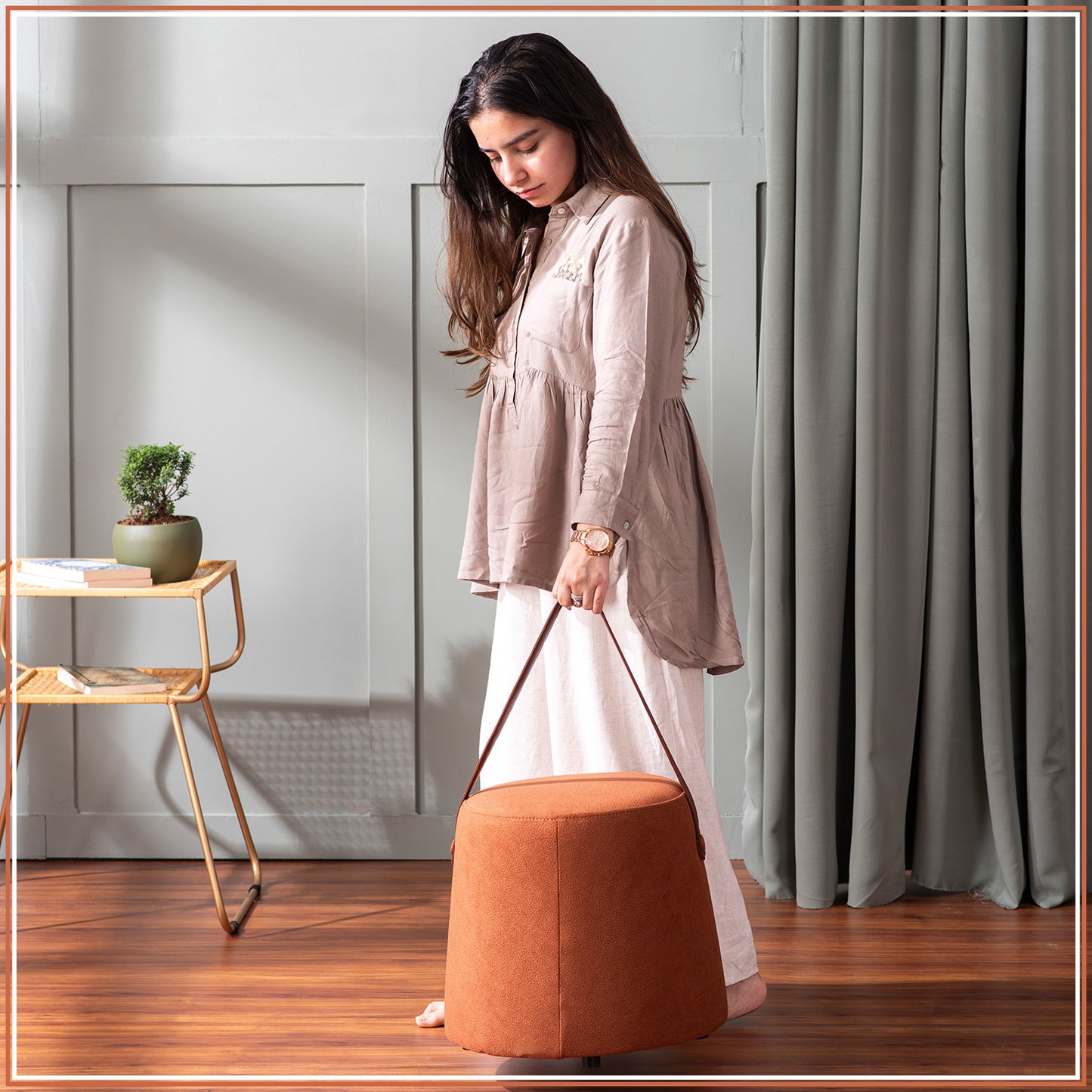Hoist Collection Pouf With Faux Leather Strap in Tan Color | Nestroots