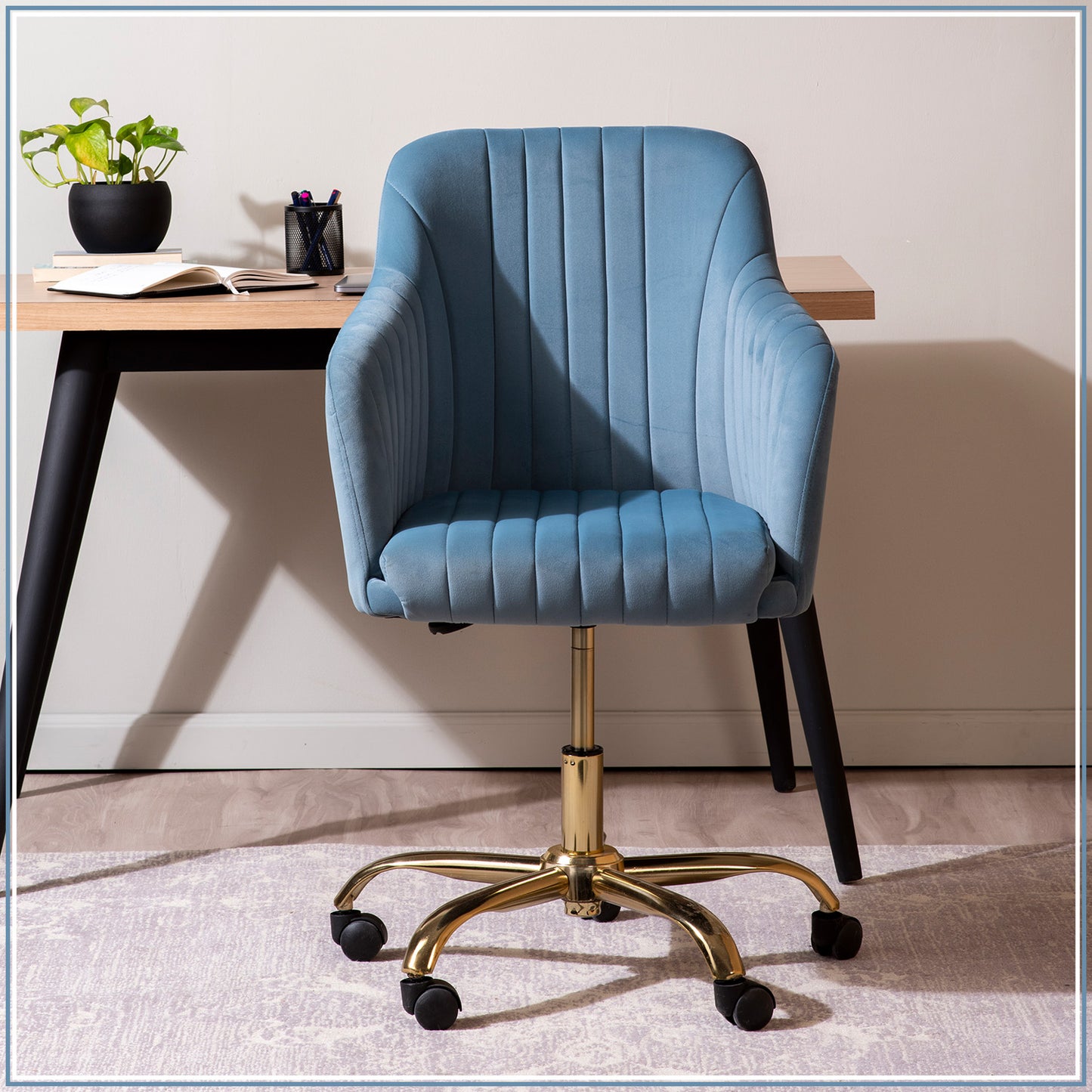 Luxurious Velvet Adjustable Office Chair With Sleek Armrest Light Blue Color | Nestroots