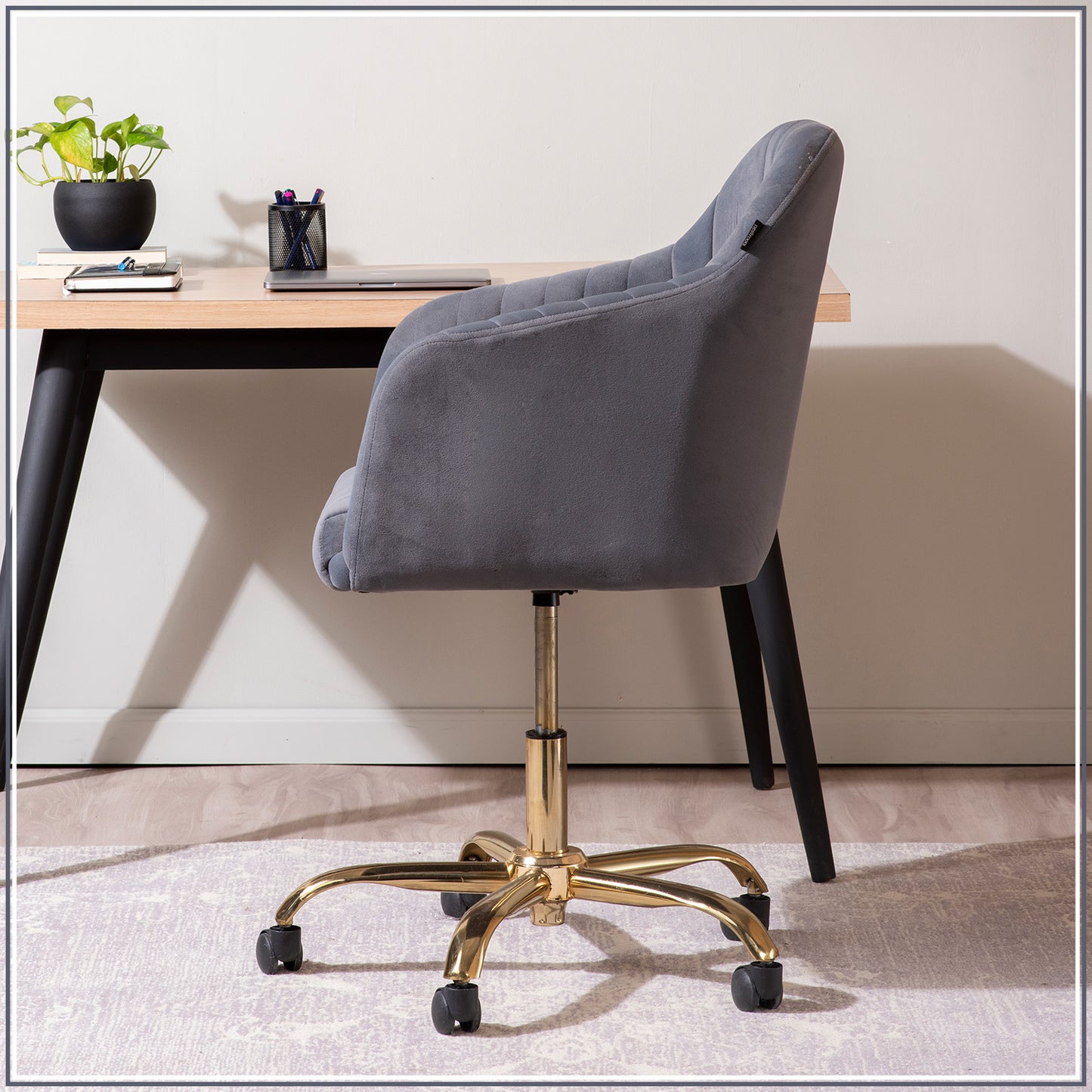 Luxurious Velvet Adjustable Office Chair With Sleek Armrest in Light Grey Color | Nestroots