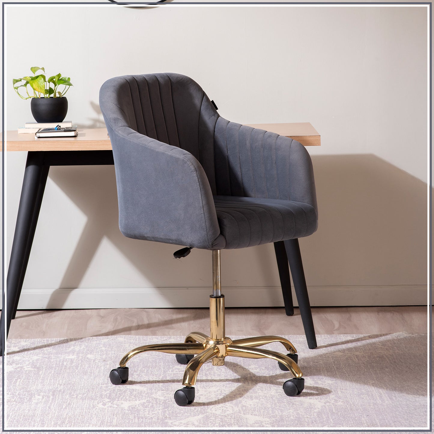 Luxurious Velvet Adjustable Office Chair With Sleek Armrest in Light Grey Color | Nestroots