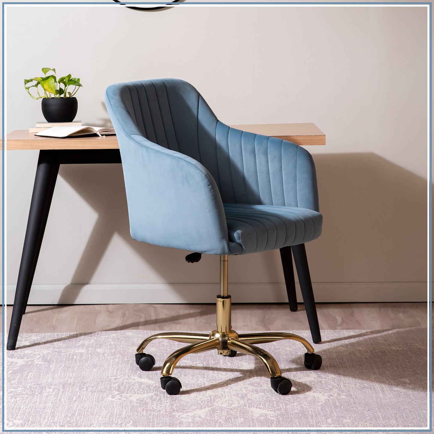 Luxurious Velvet Adjustable Office Chair With Sleek Armrest Light Blue Color | Nestroots