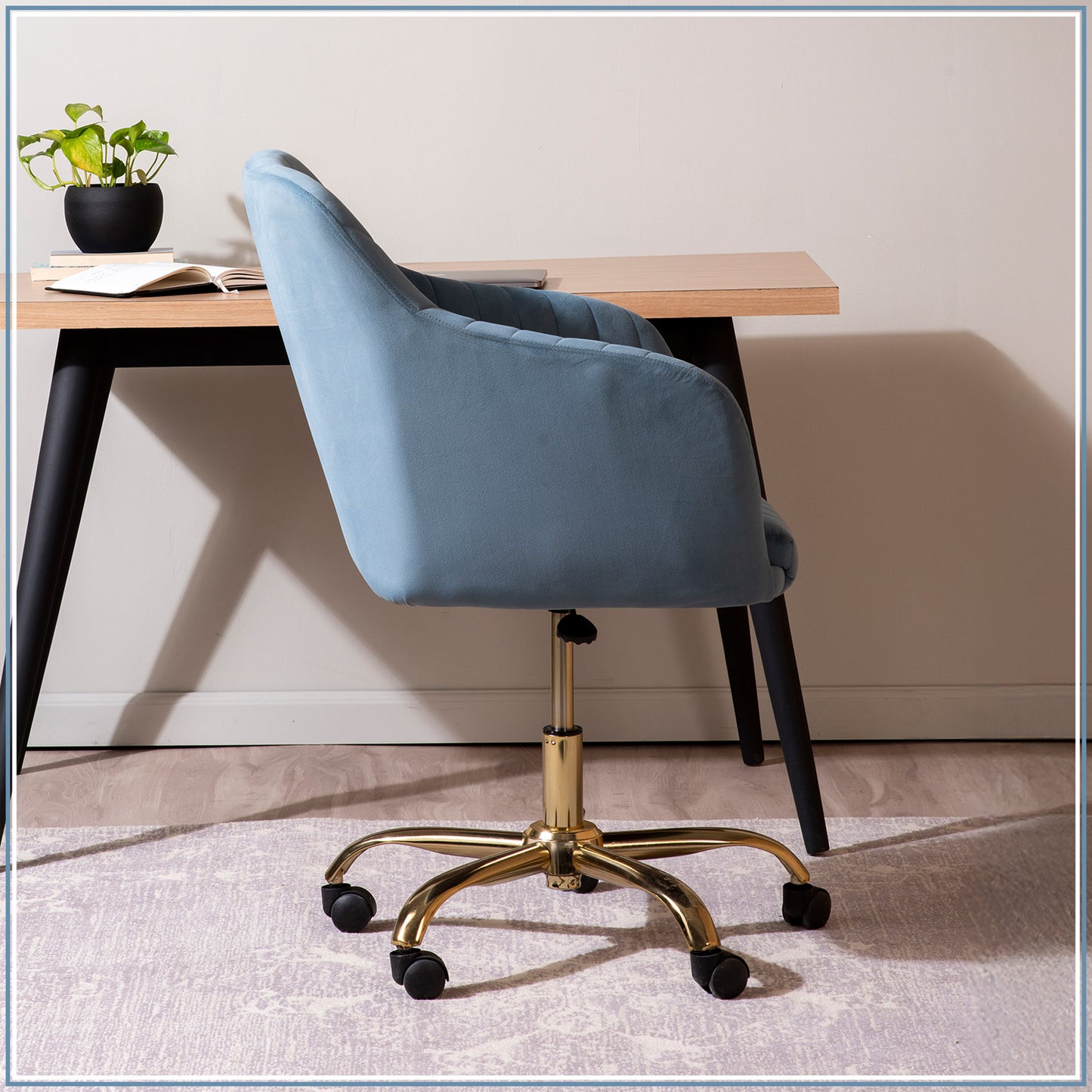 Luxurious Velvet Adjustable Office Chair With Sleek Armrest Light Blue Color | Nestroots
