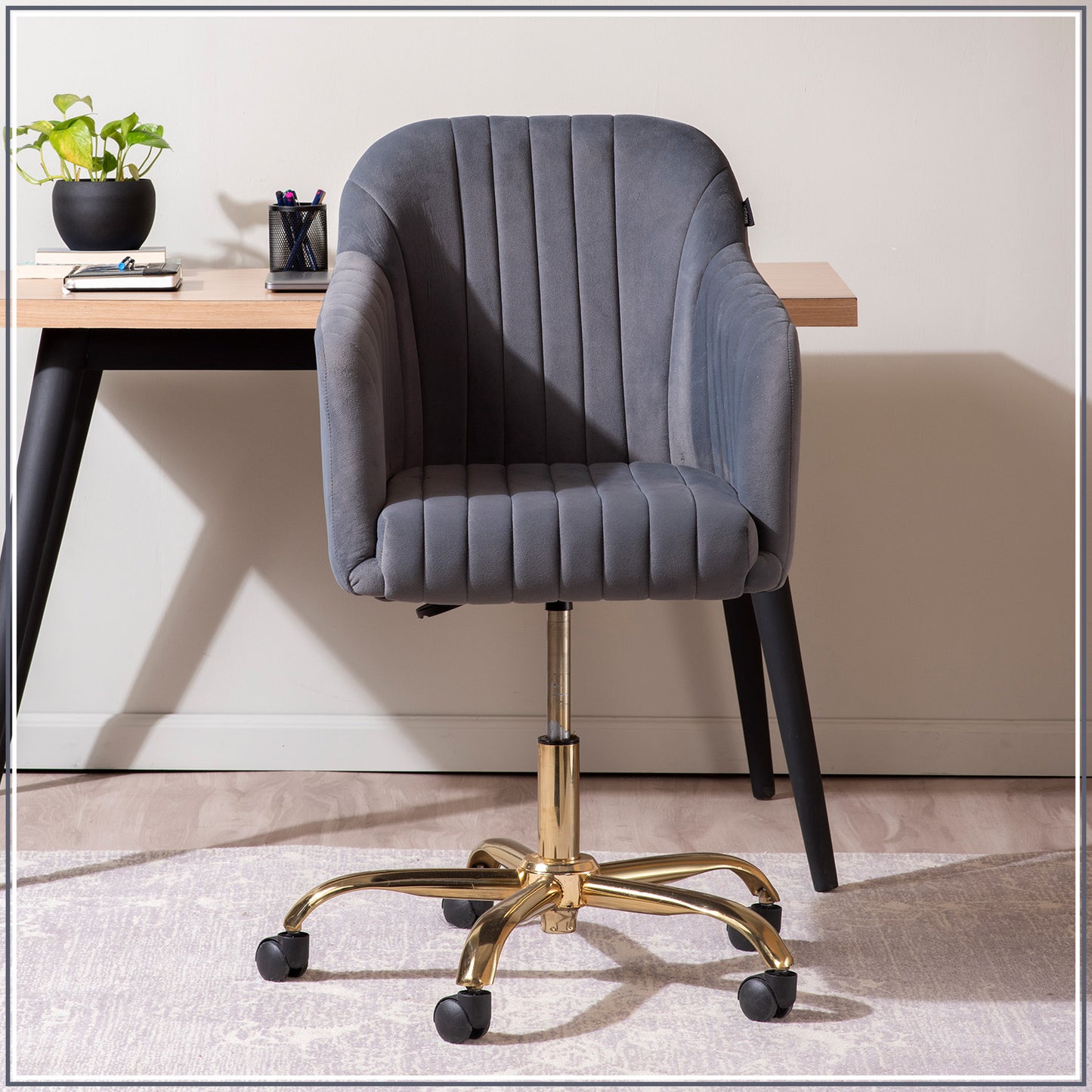 Luxurious Velvet Adjustable Office Chair With Sleek Armrest in Light Grey Color | Nestroots