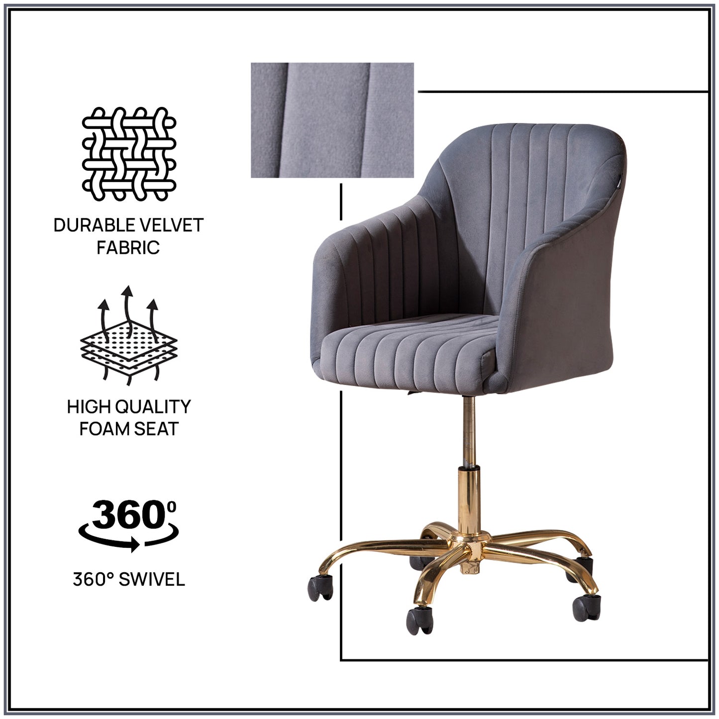 Luxurious Velvet Adjustable Office Chair With Sleek Armrest in Light Grey Color | Nestroots