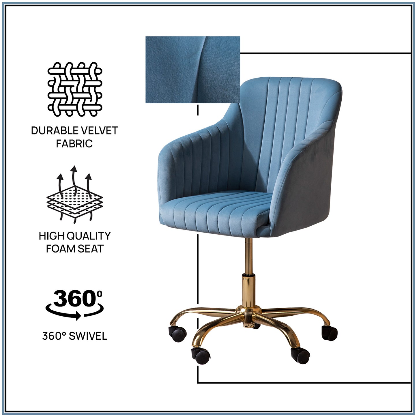 Luxurious Velvet Adjustable Office Chair With Sleek Armrest Light Blue Color | Nestroots