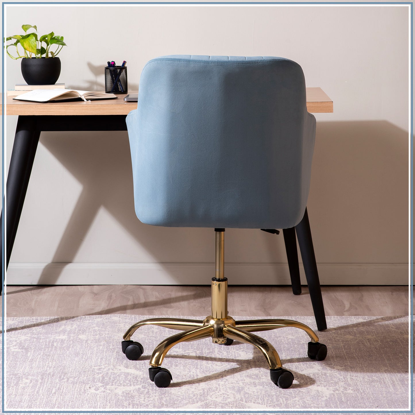 Luxurious Velvet Adjustable Office Chair With Sleek Armrest Light Blue Color | Nestroots