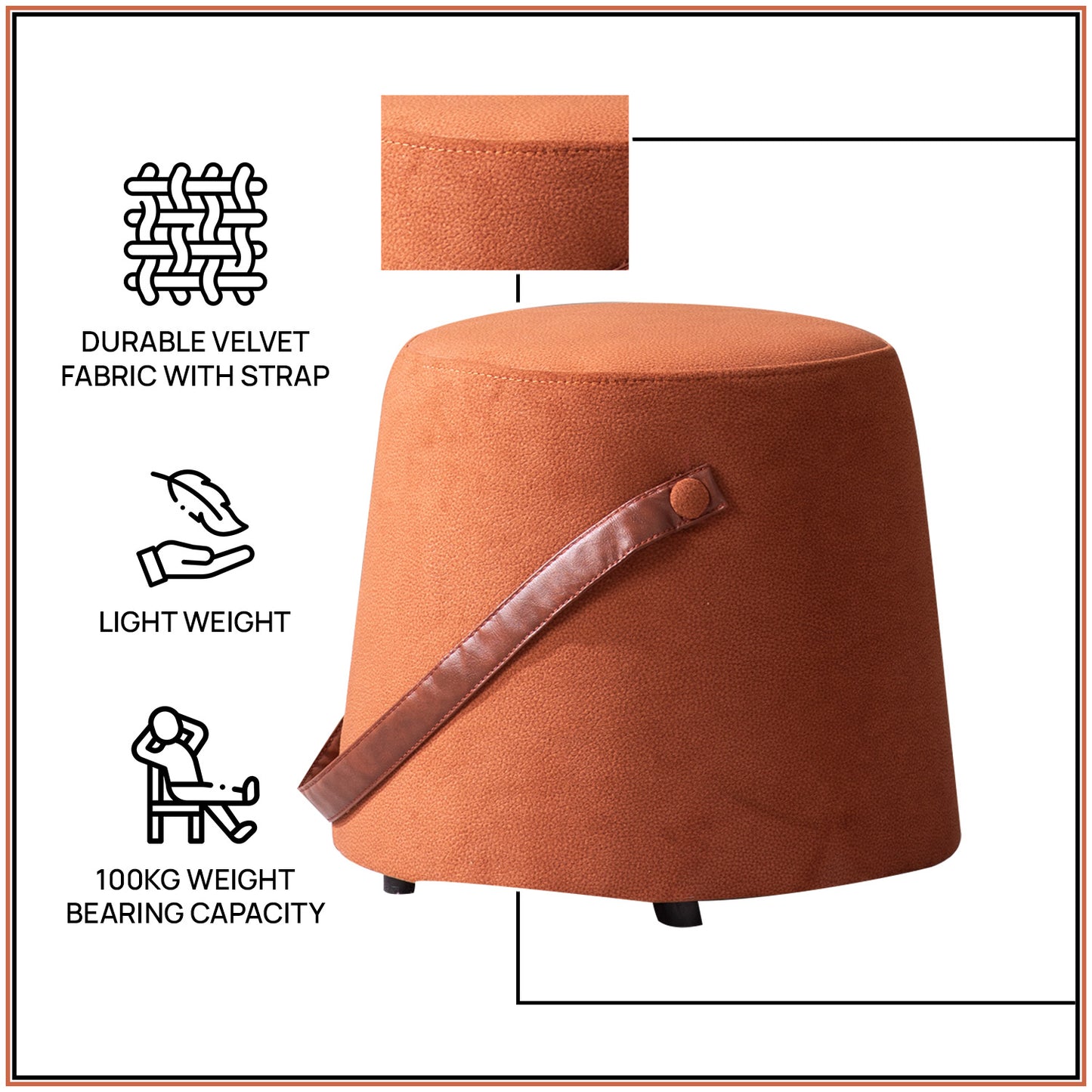 Hoist Collection Pouf With Faux Leather Strap in Tan Color | Nestroots