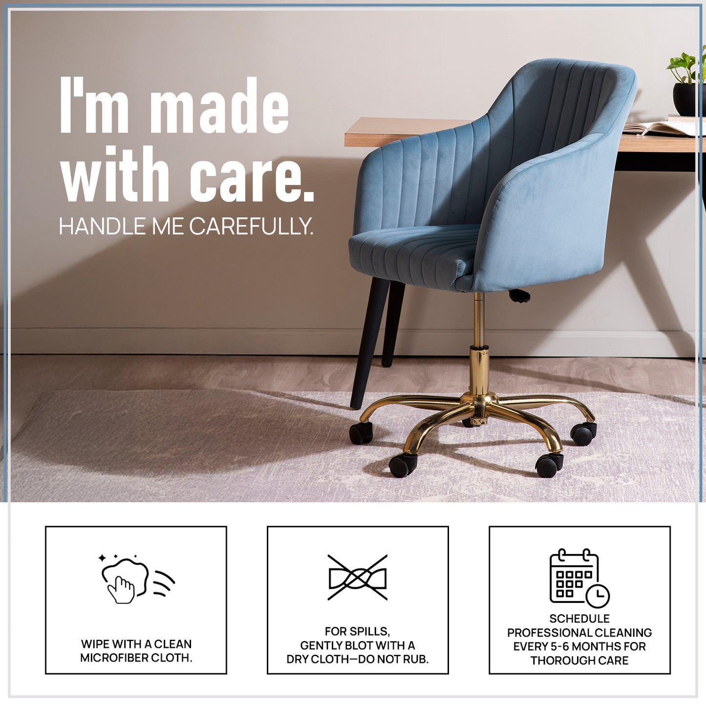 Luxurious Velvet Adjustable Office Chair With Sleek Armrest Light Blue Color | Nestroots
