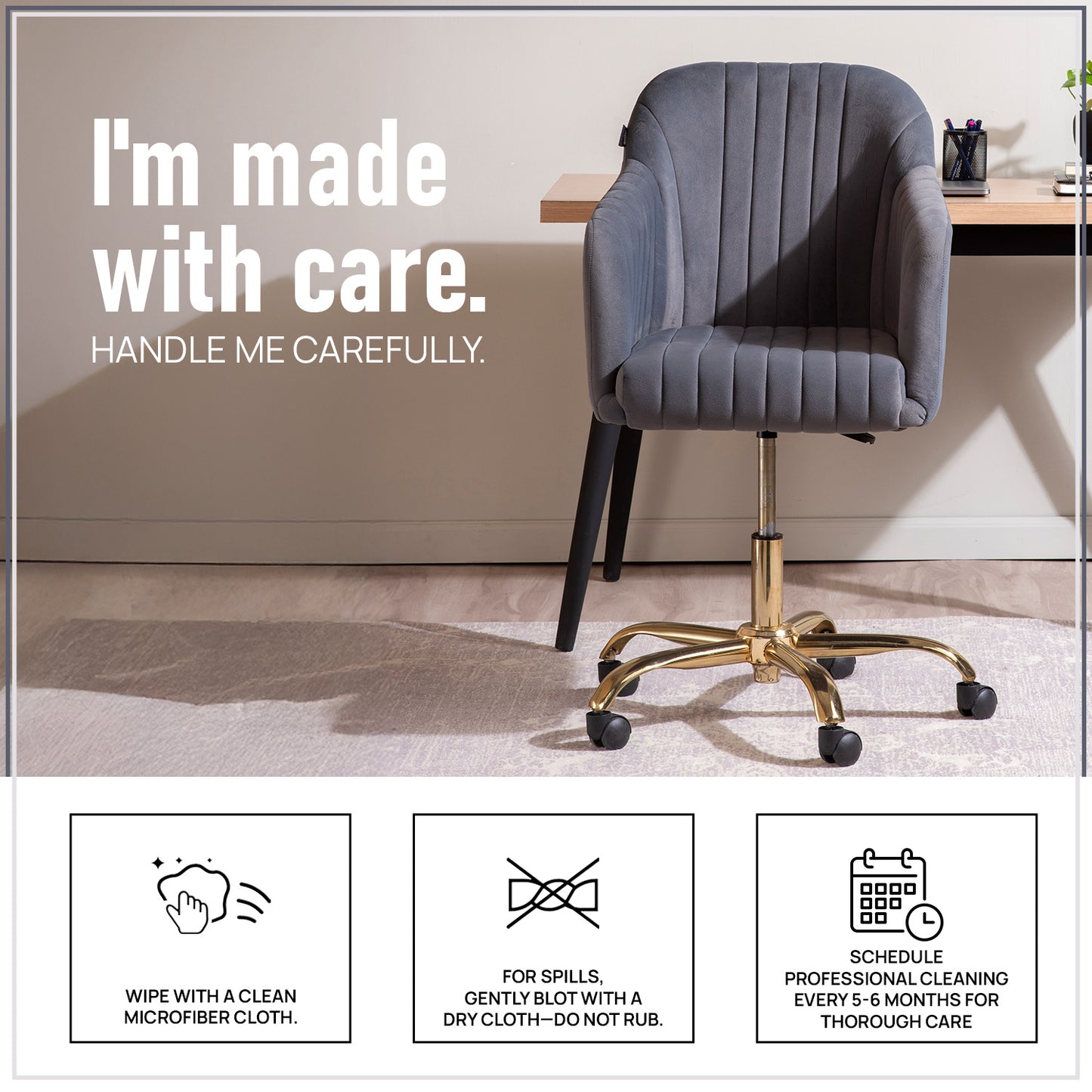 Luxurious Velvet Adjustable Office Chair With Sleek Armrest in Light Grey Color | Nestroots