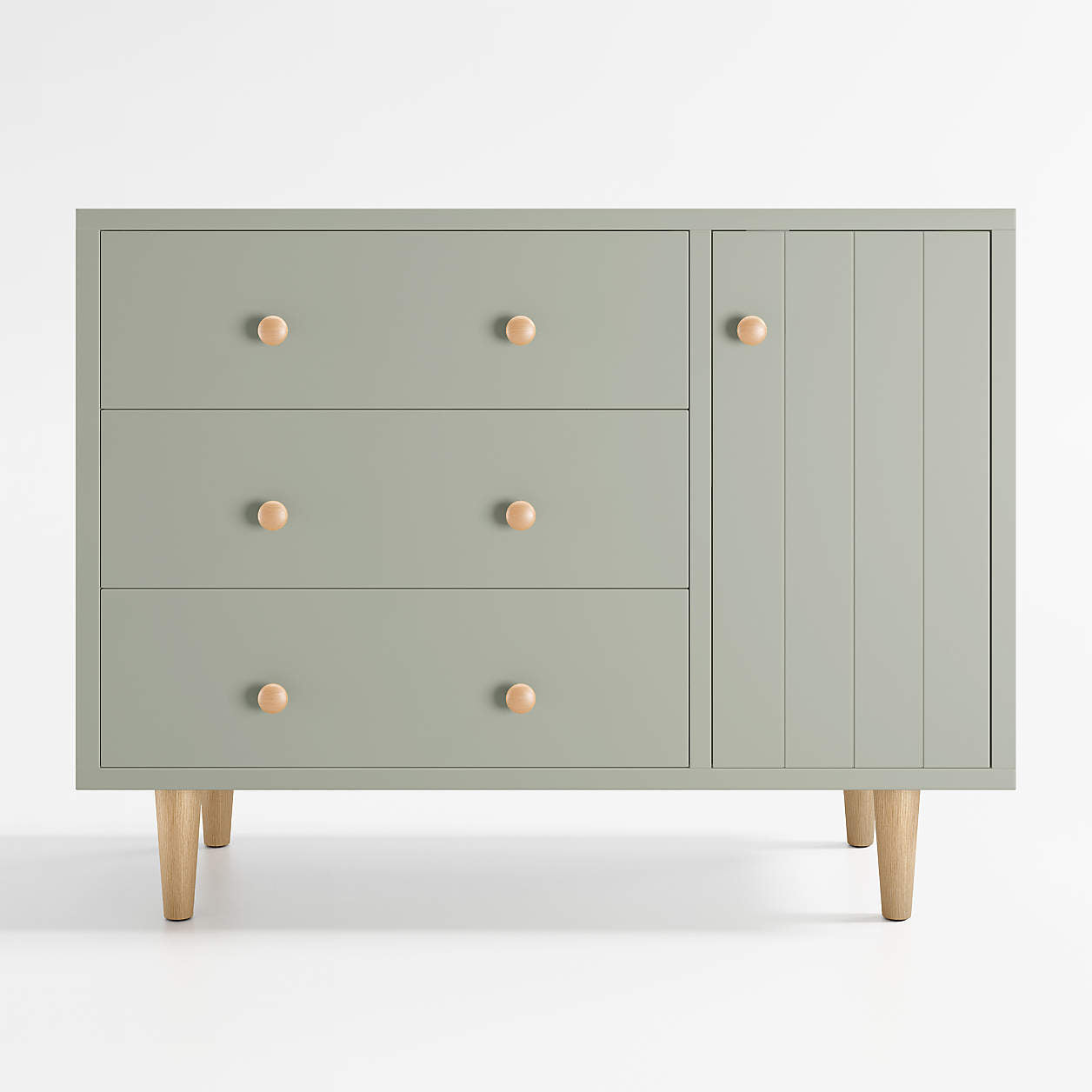 Finn 44" Narrow Sage Green Wood 3-Drawer Kids Dresser with Door