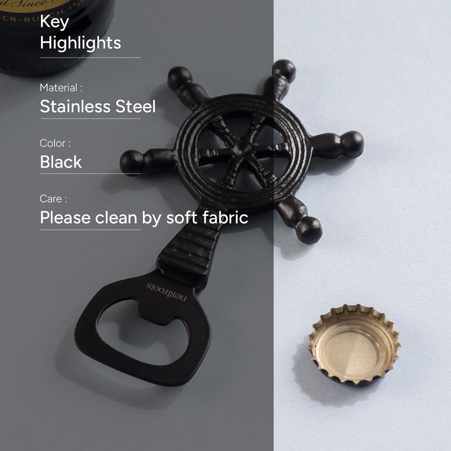 The Ship Steering Wheel Bottle Opener Matte Black