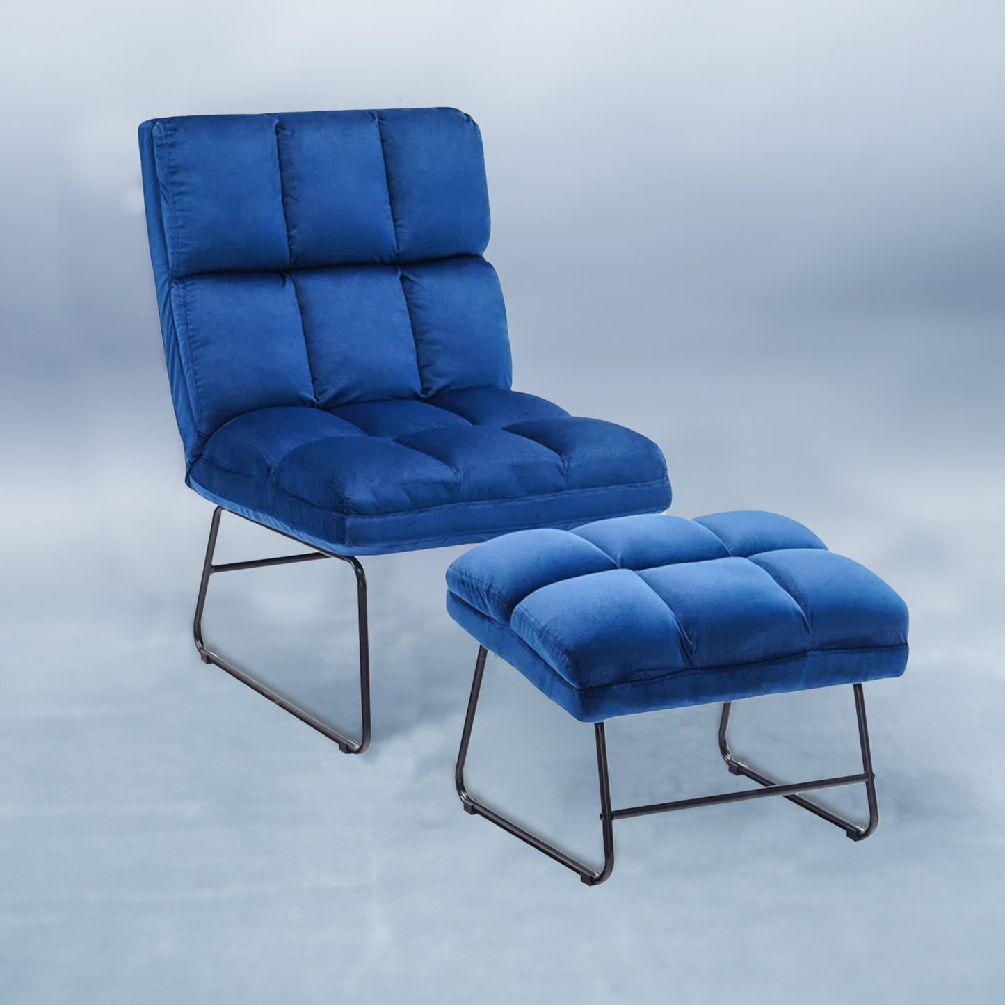 Velvet Chair With Ottoman Set Blue