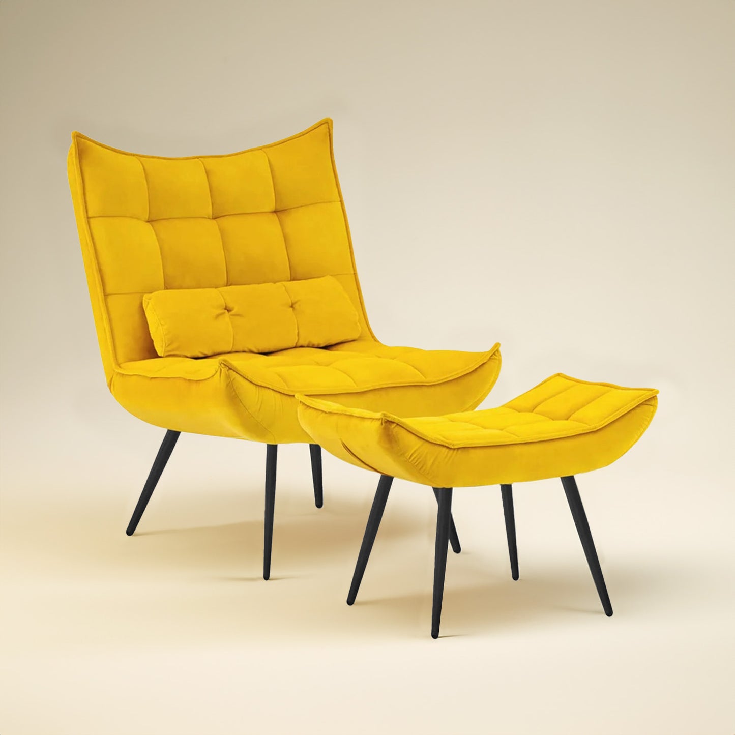 Luxurious Velvet Chair With Ottoman Footrest Yellow