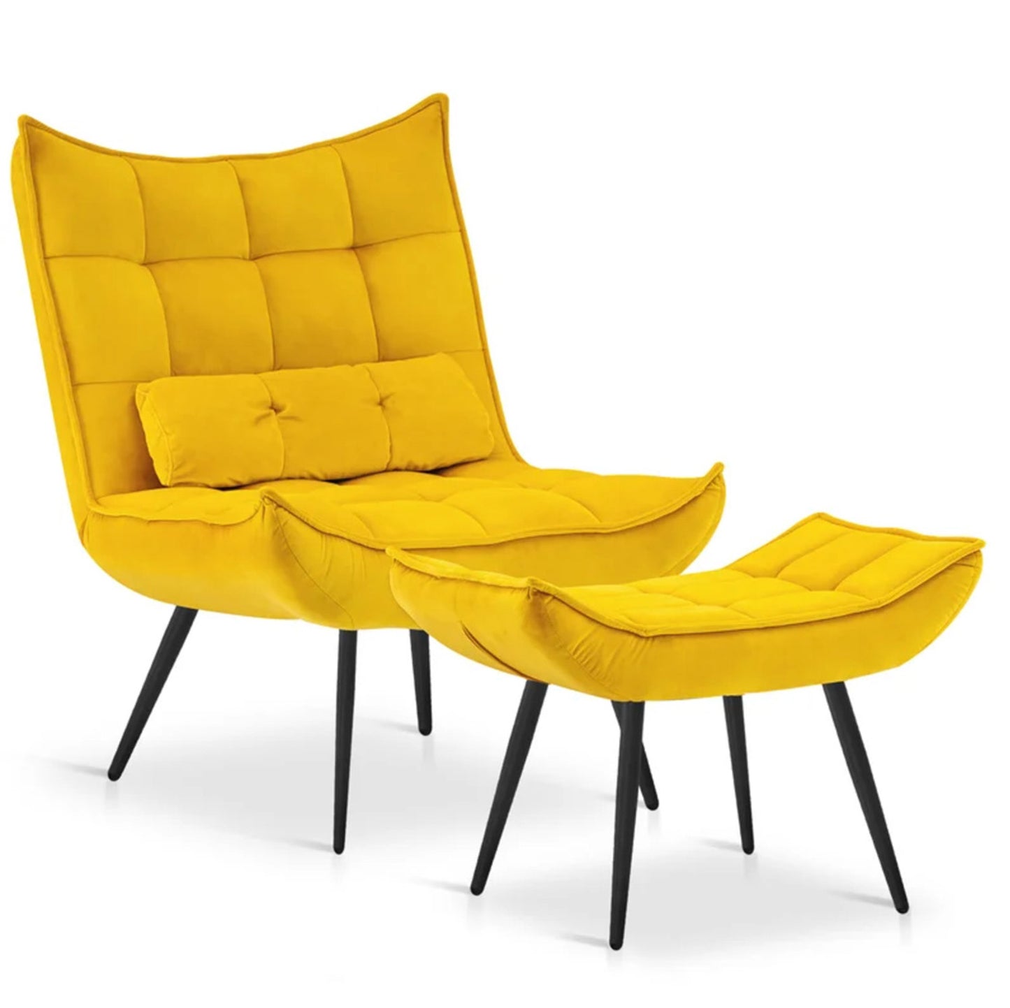 Luxurious Velvet Chair With Ottoman Footrest Yellow