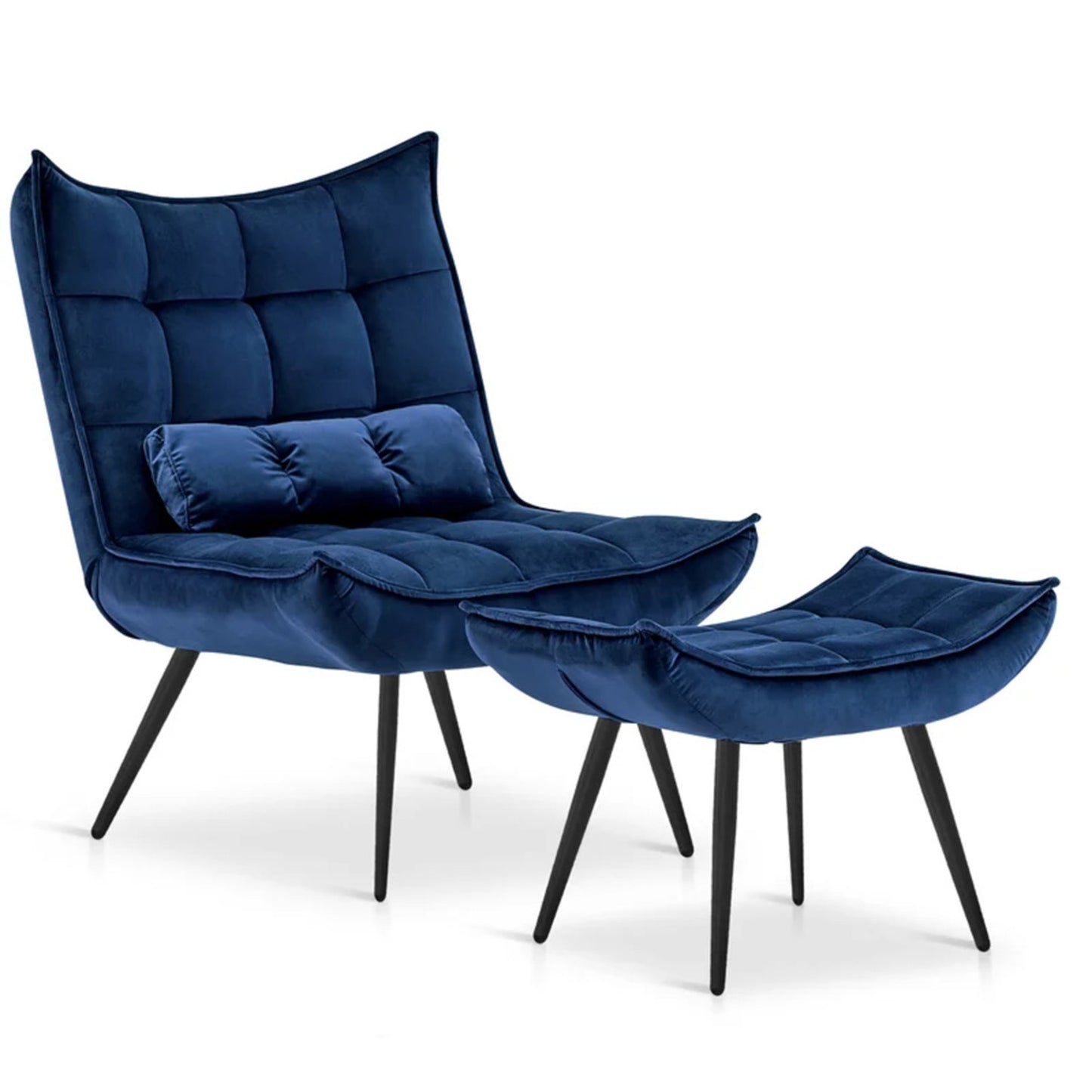 Luxurious Velvet Chair With Ottoman Footrest Blue
