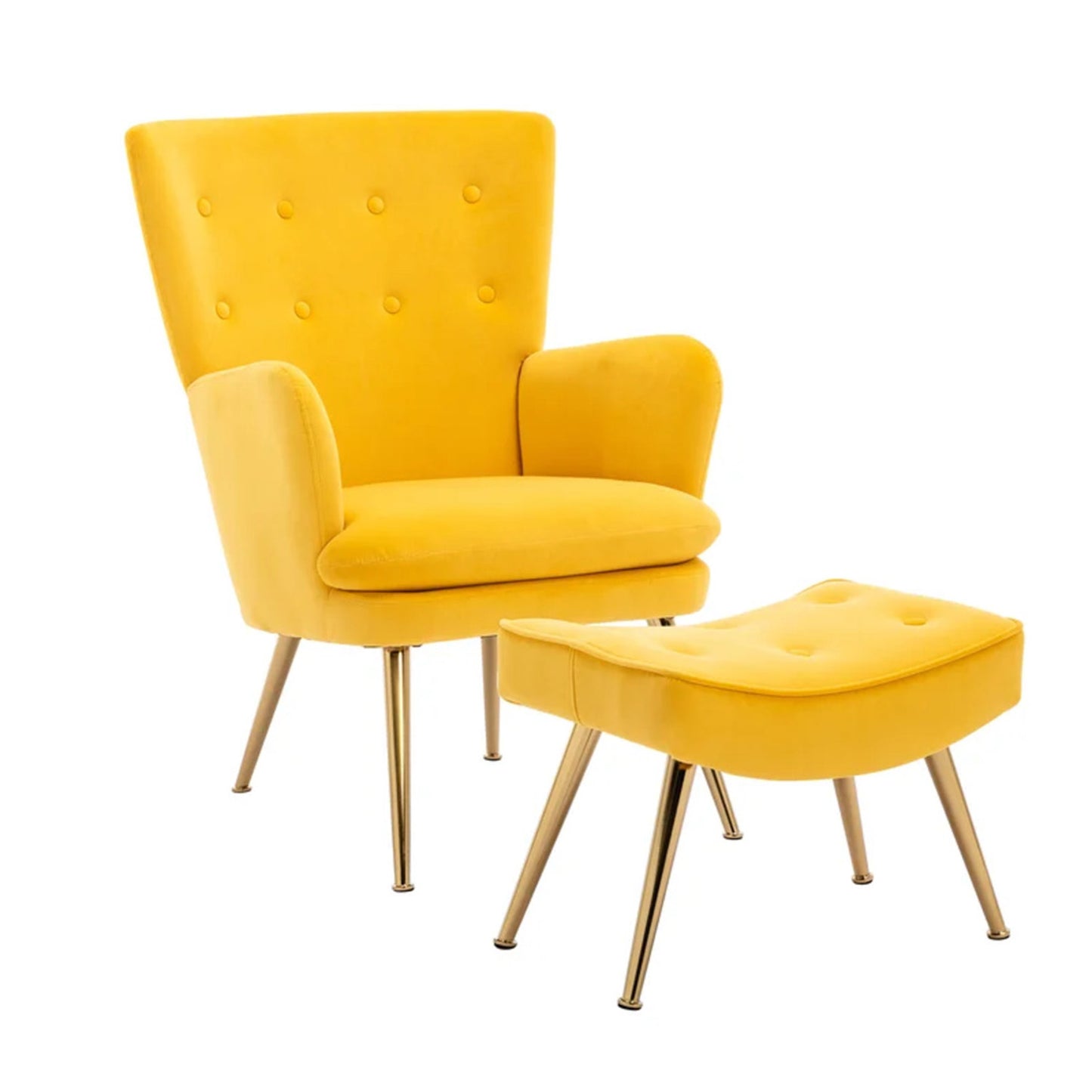 Velvet High-Back Accent Chairs With Ottoman Footrest Yellow