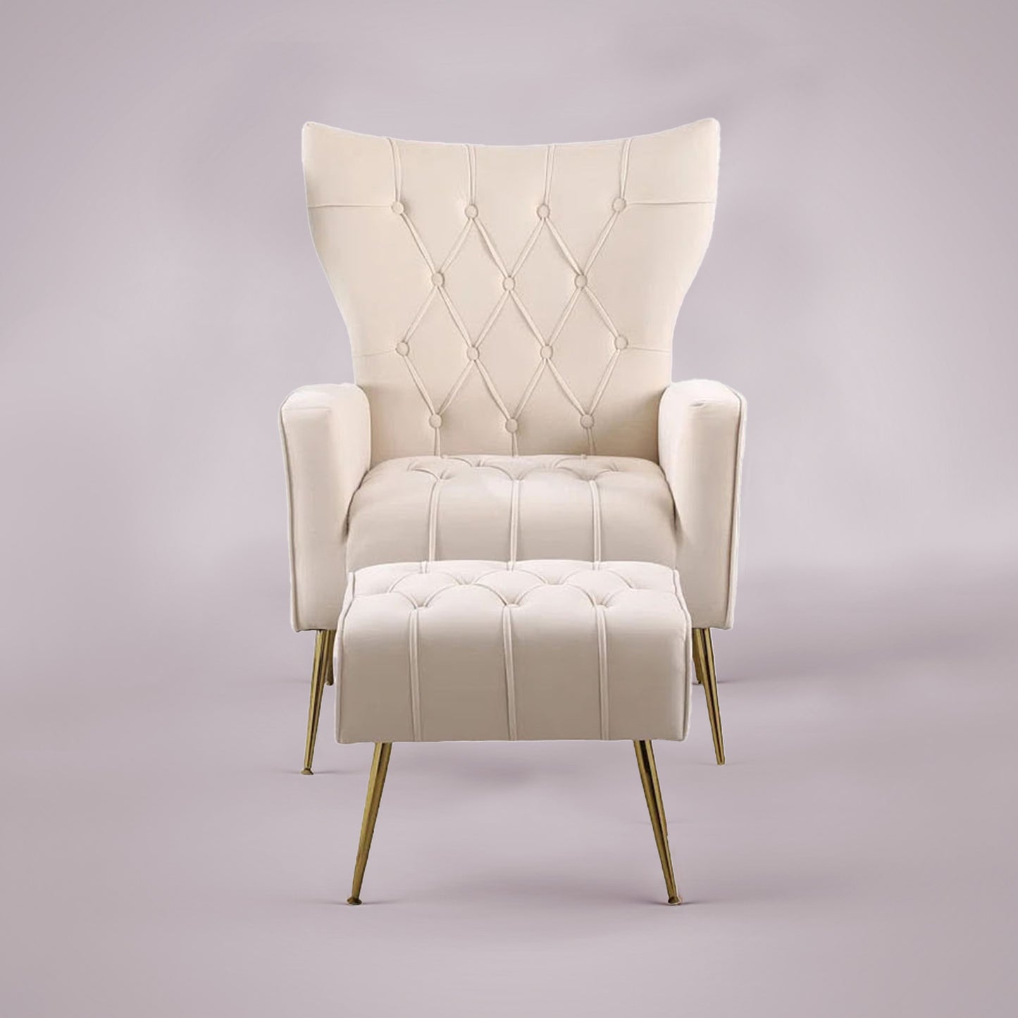 Palatial Wingback Accent Chair & Ottoman Footrest Set Beige
