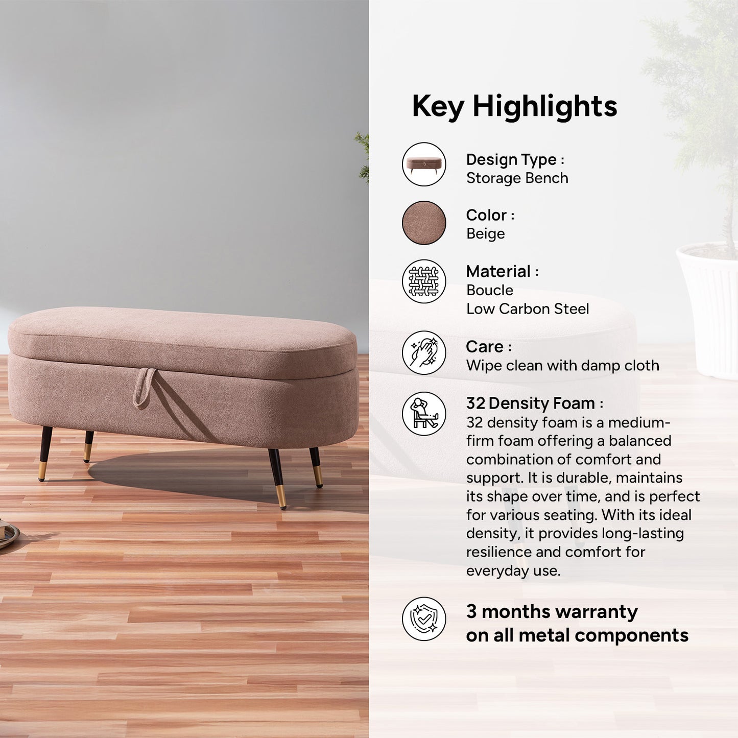 Beige Box Timeless Bench With Storage | Nestroots