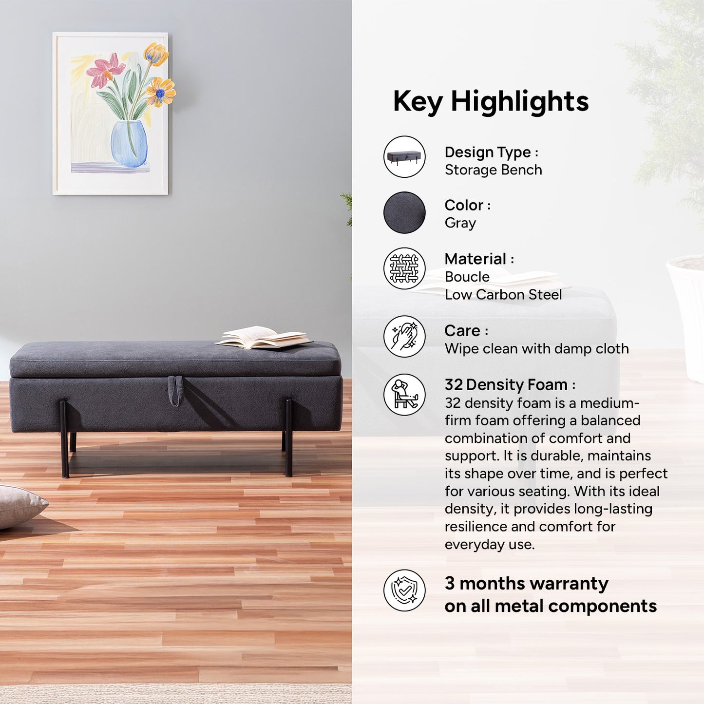 Elegant Grey Functional Flair Storage Bench | Nestroots