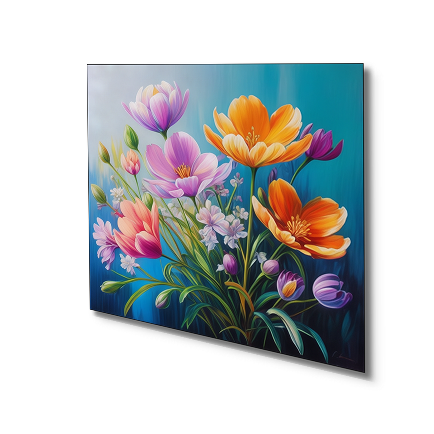 Vibrant Flowers on Blue Canvas Printed Wall Painting