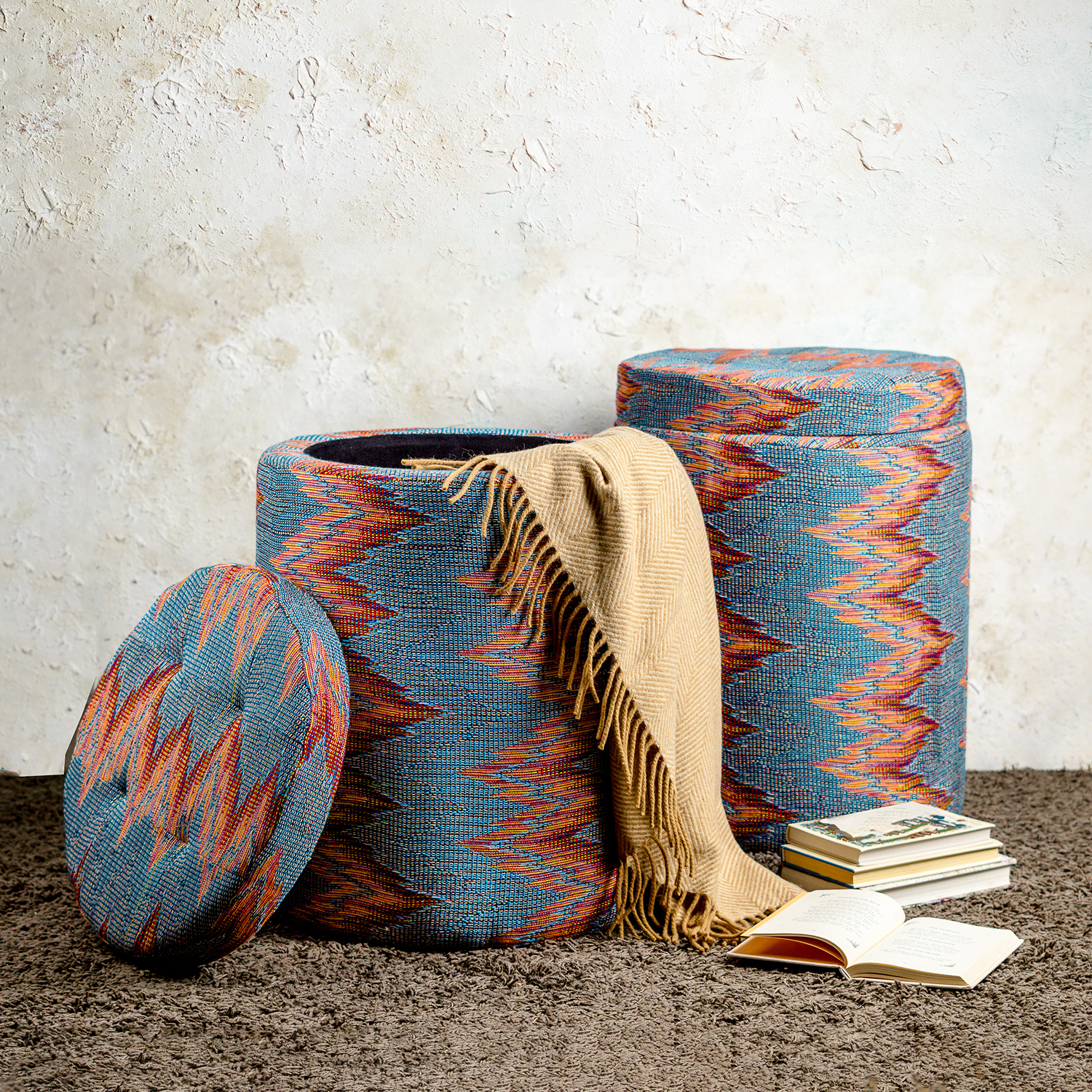 Buy Blue Zig Zag Storage Ottoman Set of 2 Online in India Nestroots