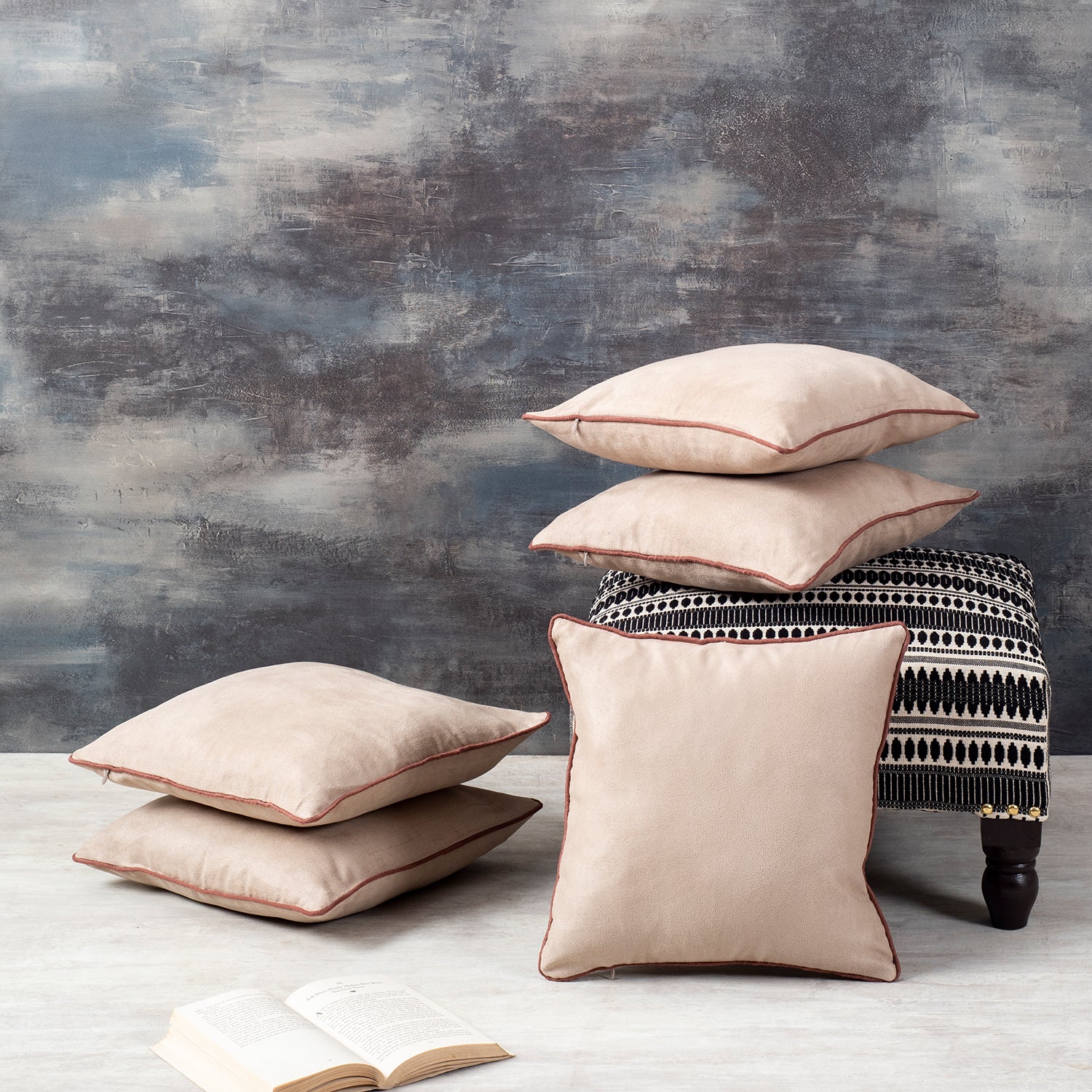 Lush Velvet Cushion Cover Beige 16 X 16 Inches Set of 5 Nestroots