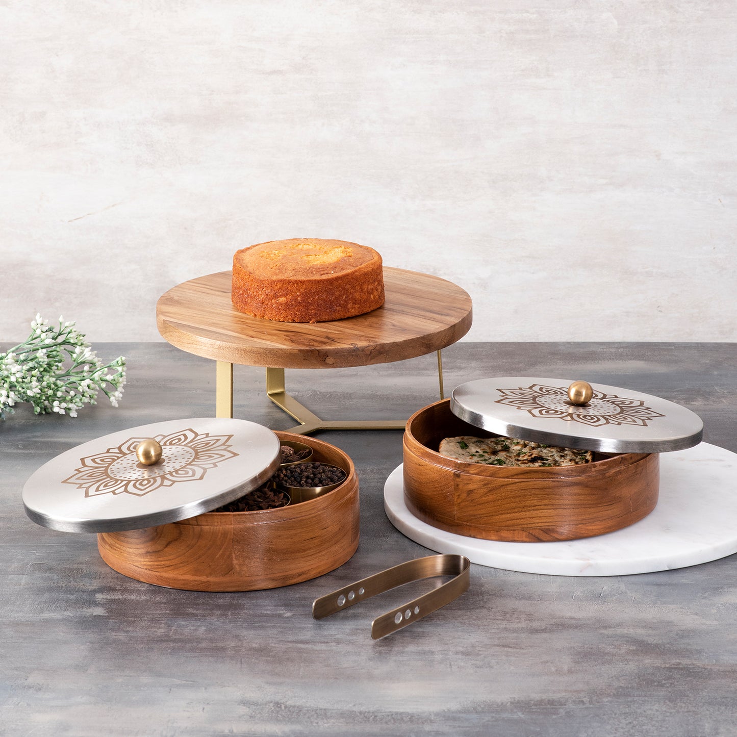 Teakwood cake stand, Chapatti Box & Masala Box Set