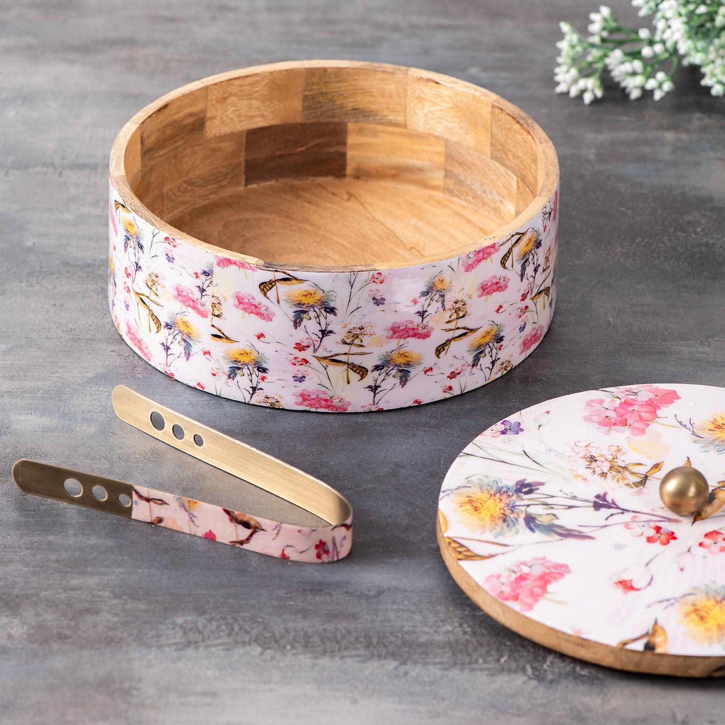 Flower Enamel Print Masala, Roti Box & Cake stand Set