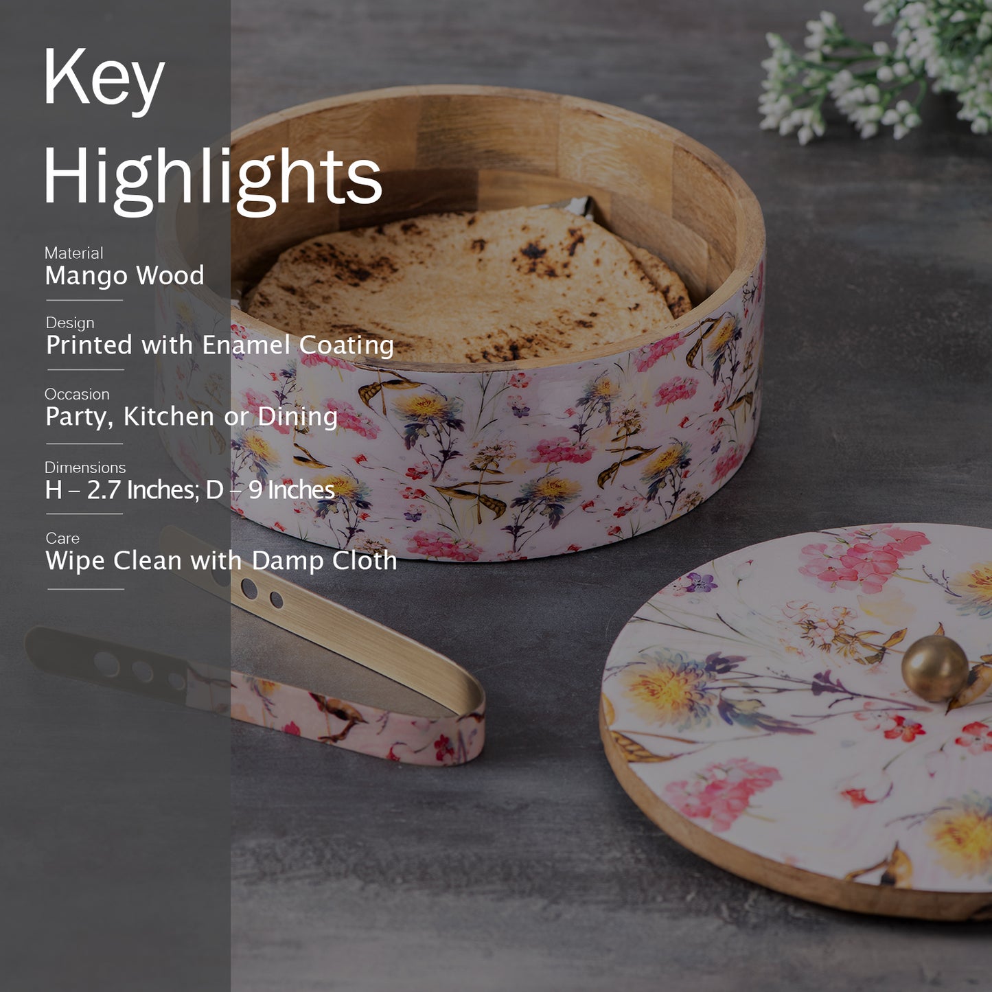 Flower Enamel Print Masala, Roti Box & Cake stand Set