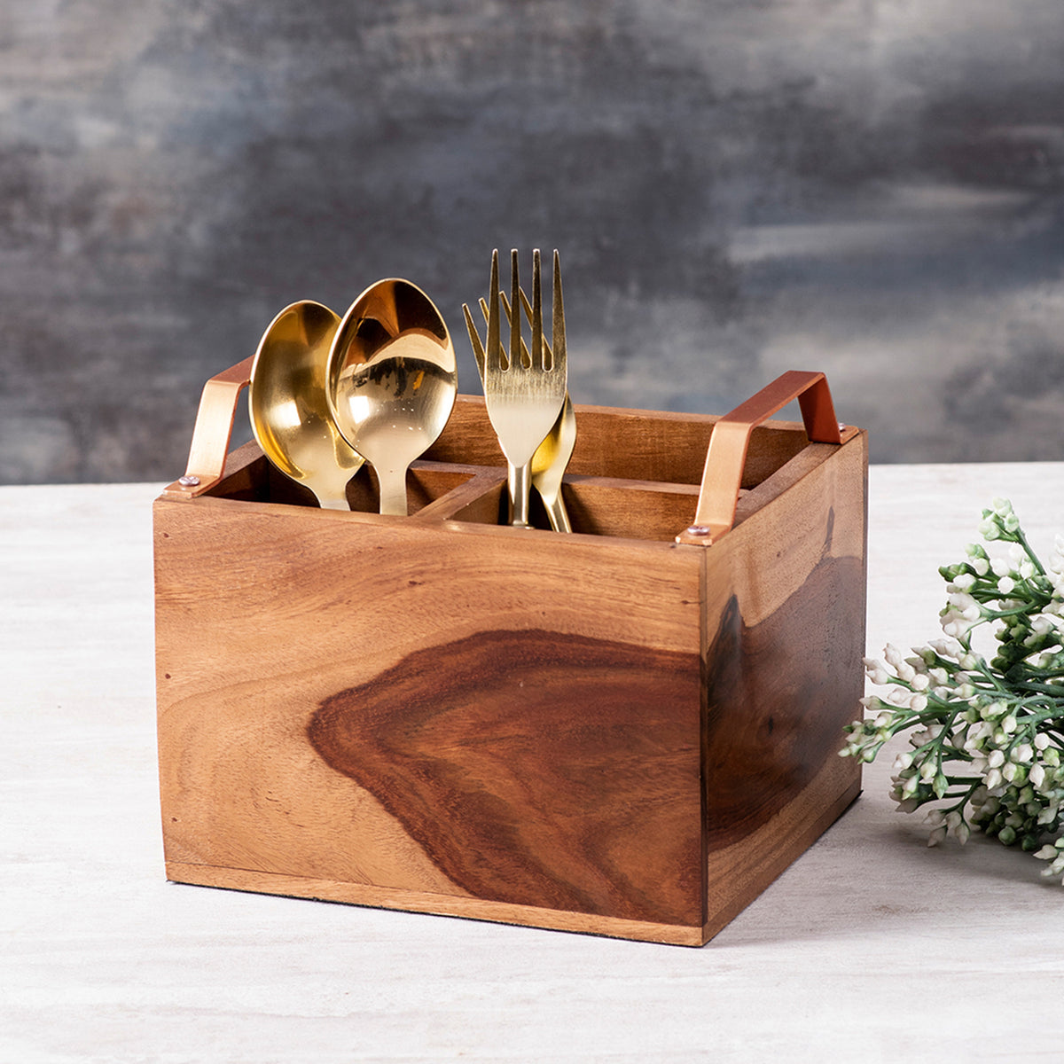 Inseparables Teak Wood Cutlery Holder - Copper