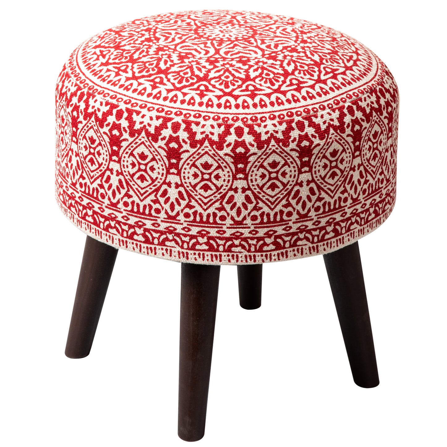 Botanic Fabric Wooden Ottoman in Red Color