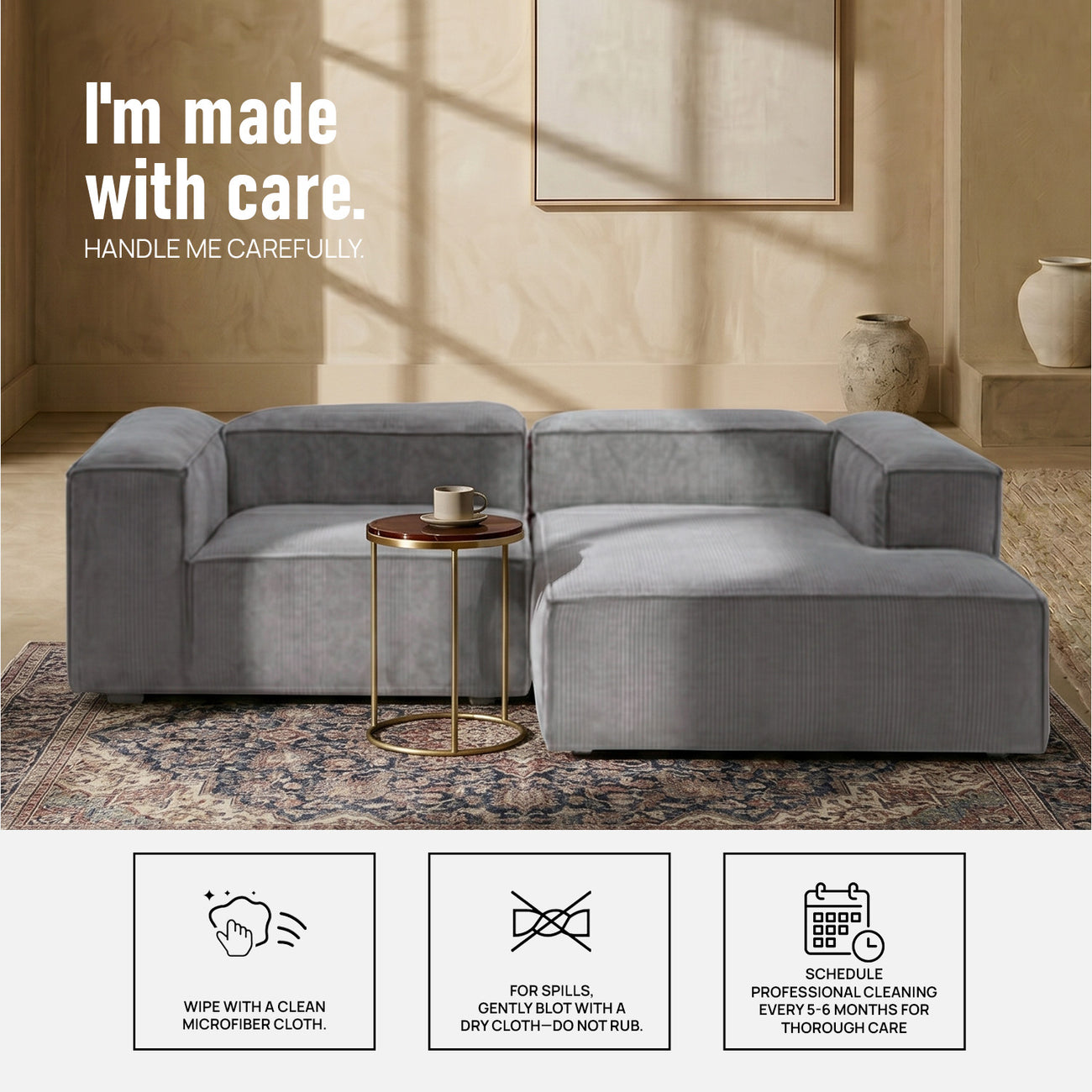 Elegant Edge 2 Seater Versatile Corduroy Grey L Shaped Sofa