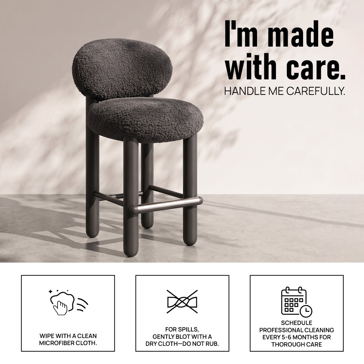 Boevik Plush Charcoal Black Bar Boucle Stool