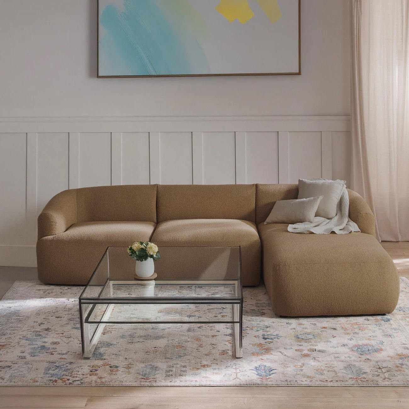 ZenLiving 3 Seater Beige Boucle L Shaped Sofa