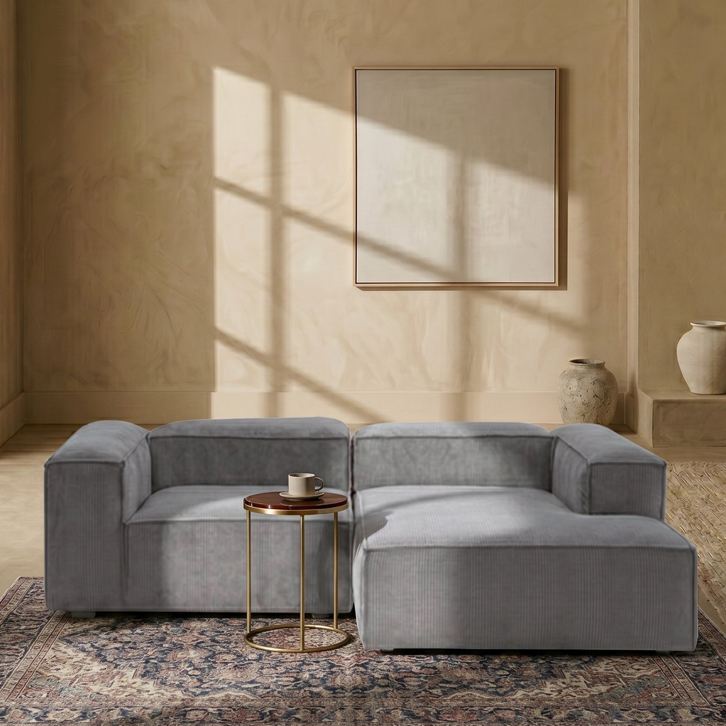 Elegant Edge 2 Seater Versatile Corduroy Grey L Shaped Sofa