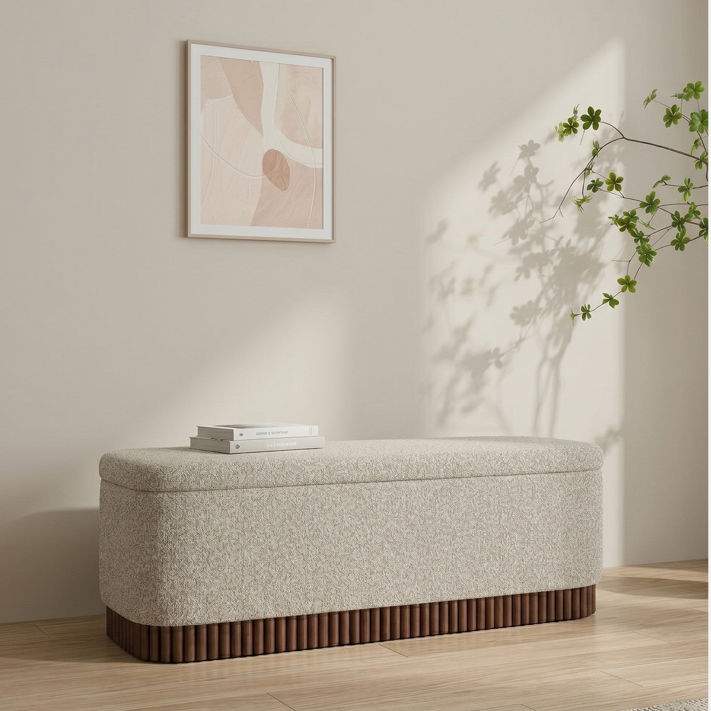 Lunara Edge Textured Grey Boucle Storage Bench