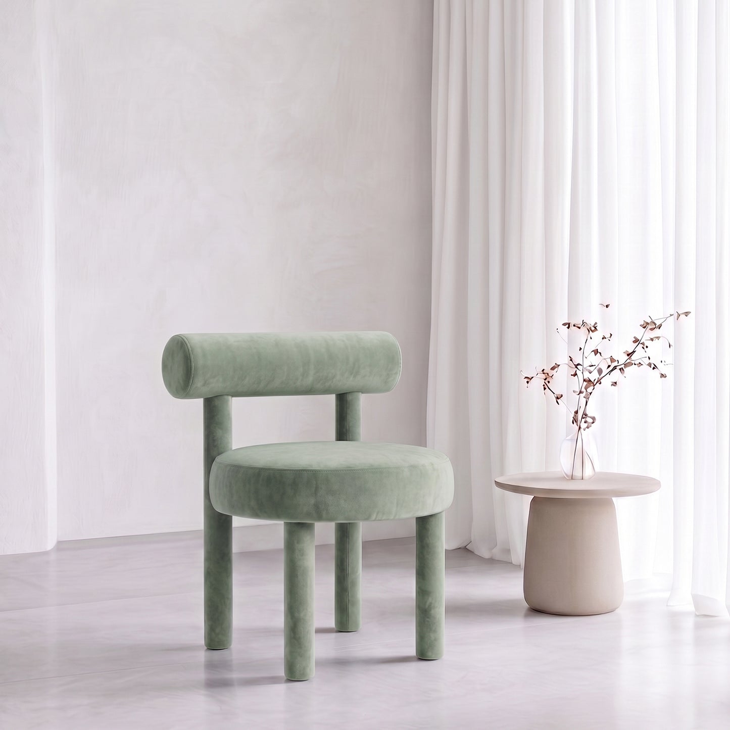 Elevara Cylinder Back Olive Green Cotton Boucle Dining Chair