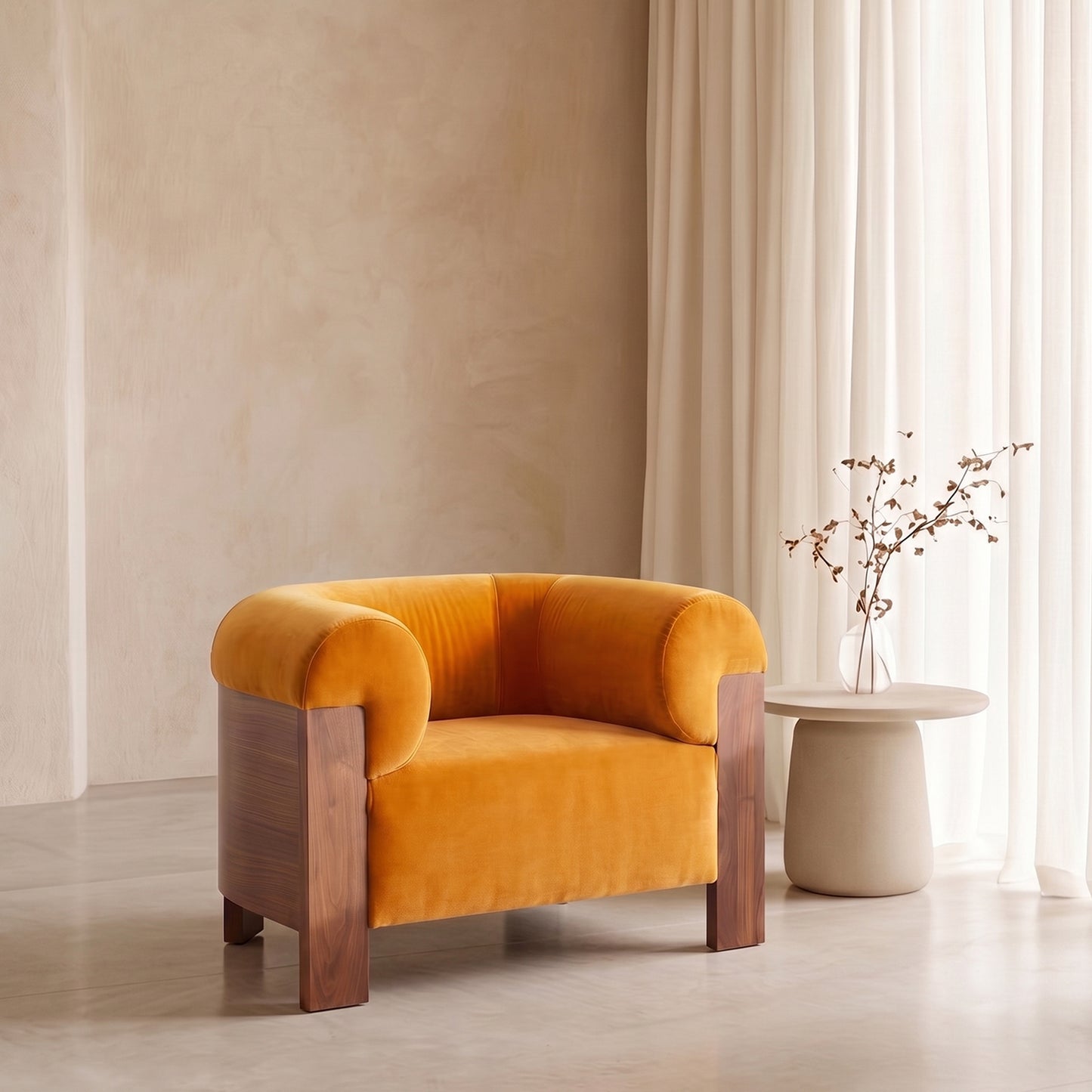 Treevino Wooden Arm Amber Brown Velvet Lounge Chair