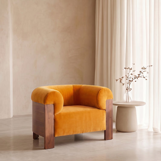 Treevino Wooden Arm Amber Brown Velvet Lounge Chair