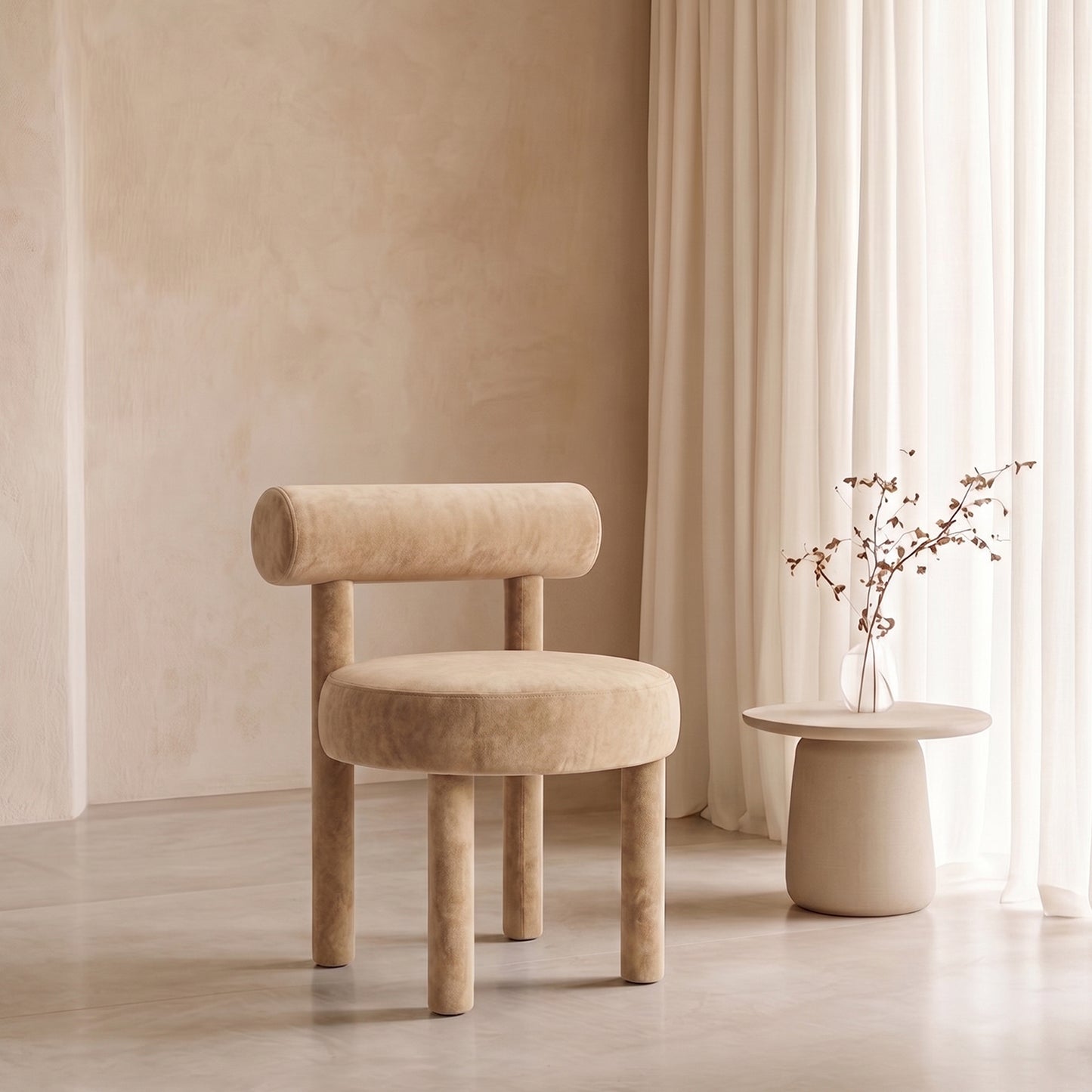 Elevara Cylinder Back Soft Ivory Velvet Dining Chair