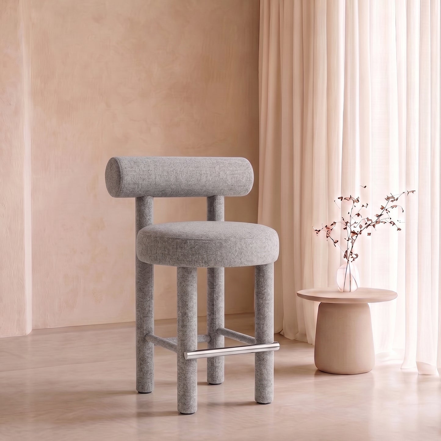 Teervon Classic Walnut Ivory Bar Velvet Stool