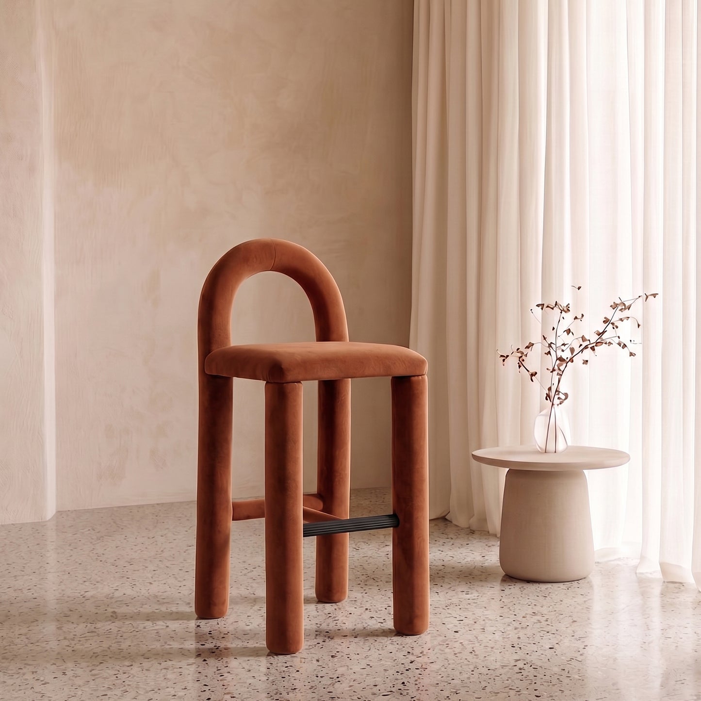 Arevex Arch Back Terracotta Bar Velvet Stool