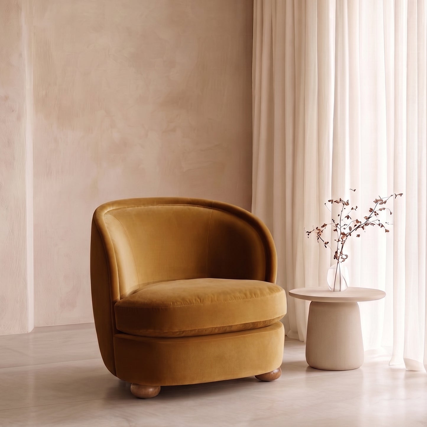 Orevella Classic Barrel Mustured Yellow Velvet Lounge Chair