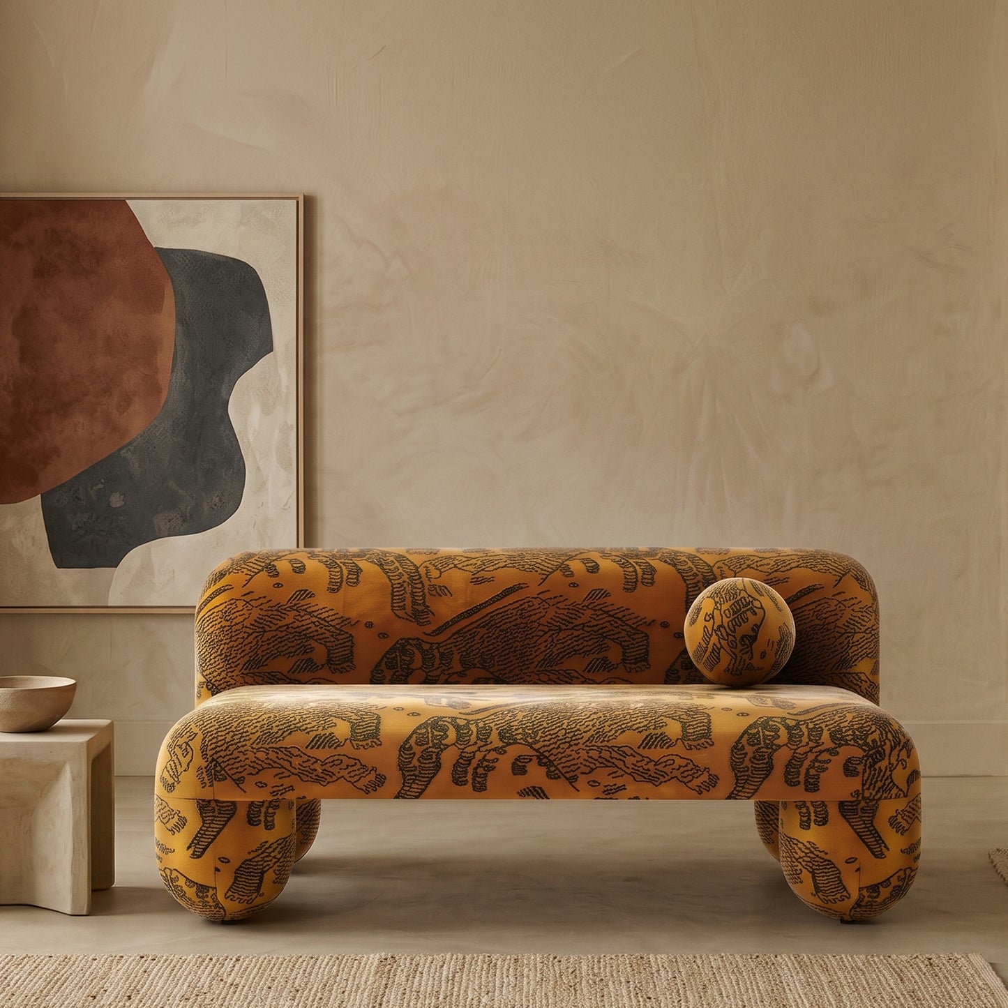 Navrix Pattern White Blue 3 - Seater Velvet Sofa