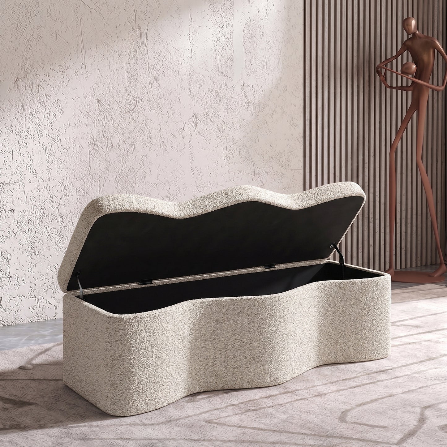 Velmora Wave Grey Boucle Storage Bench