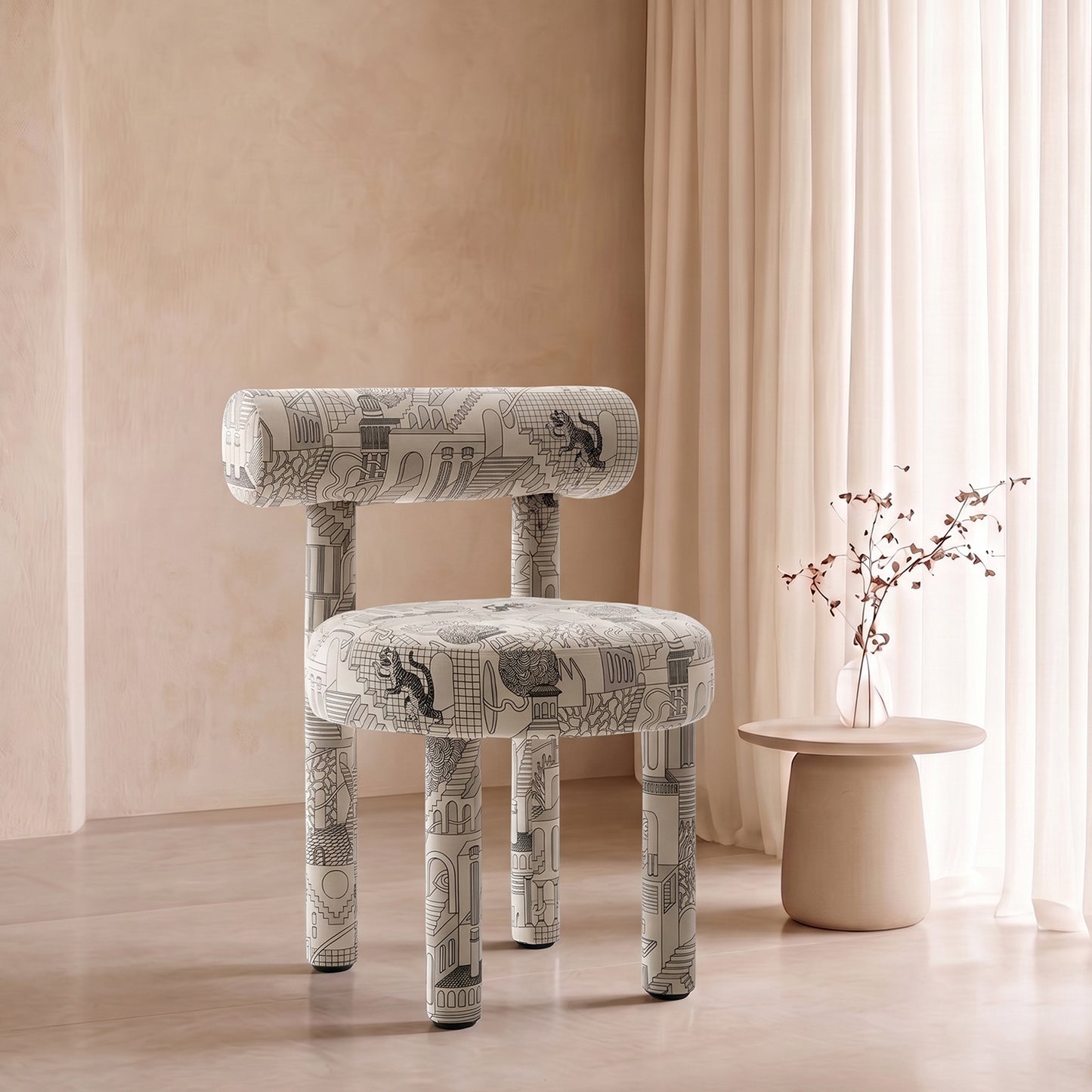 Moenvra Printed Ash Grey Pattern Velvet Dining Chair