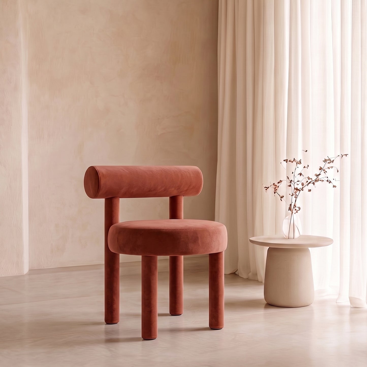 Elevara Cylinder Back Terracotta Rust Cotton Boucle Dining Chair
